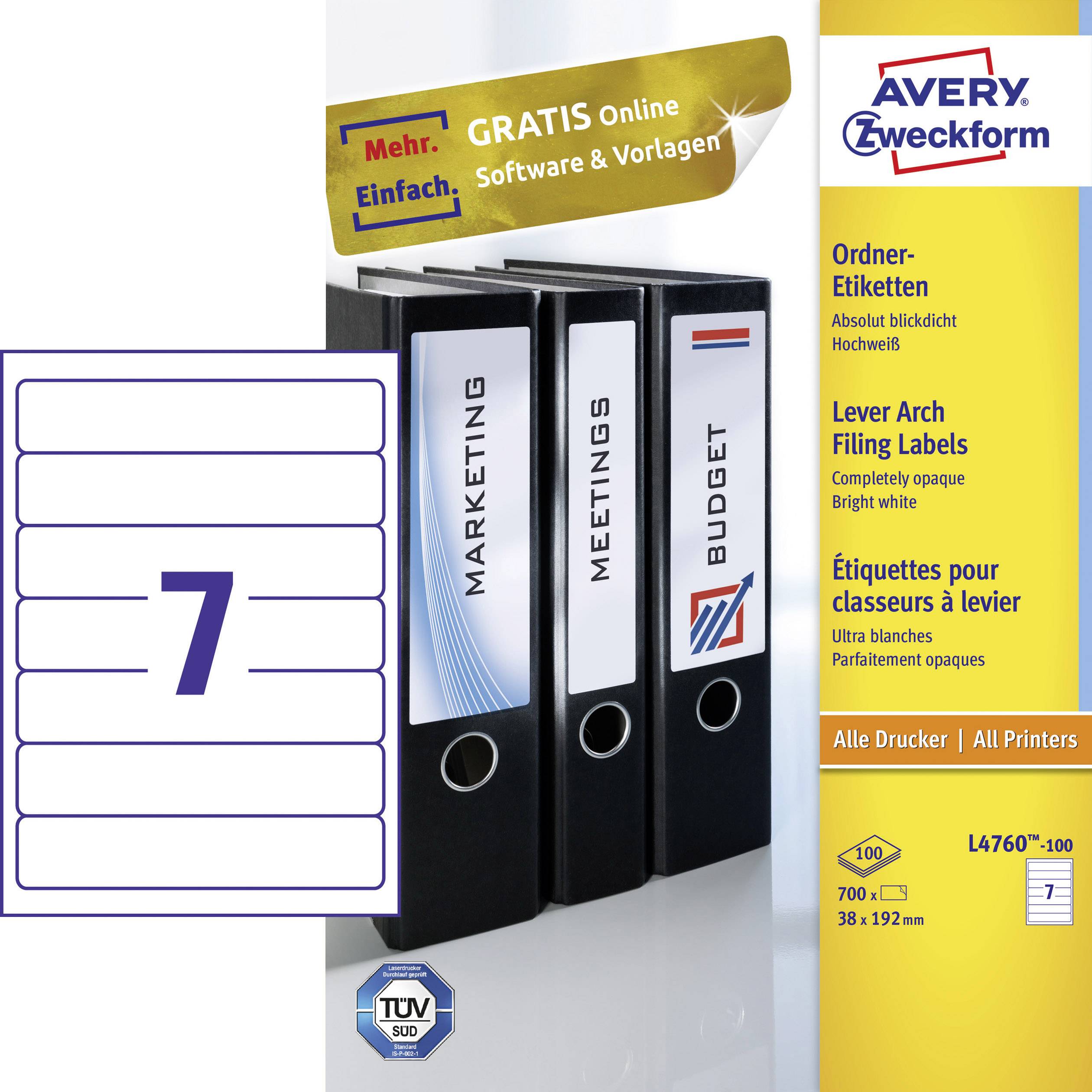 Avery-Zweckform L4760-100 Ordneretiketten 38 x 192 mm Papier Wit 700 stuk(s) Permanent hechtend Laser (kleur), Laser (zw