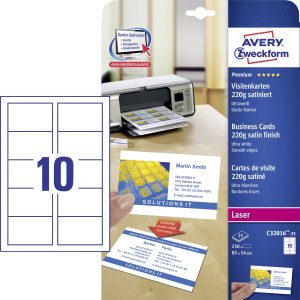 Avery-Zweckform C32016-25 Bedrukbare visitekaarten, gladde kant 85 x 54 mm Wit 250 stuk(s) Papierformaat: DIN A4 Avery-Zweckform C32016-25 Bedrukbare visitekaarten, gladde kant 85 x 54 mm Wit 250 stuk(s) Papierformaat: DIN A4