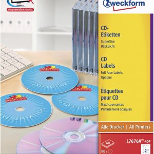 Avery-Zweckform CD-etiketten L7676A-40P Ø 117 mm Papier Wit 80 stuk(s) Permanent hechtend Ondoorzichtig, Tot kerngat bed Avery-Zweckform CD-etiketten L7676A-40P Ø 117 mm Papier Wit 80 stuk(s) Permanent hechtend Ondoorzichtig, Tot kerngat bed