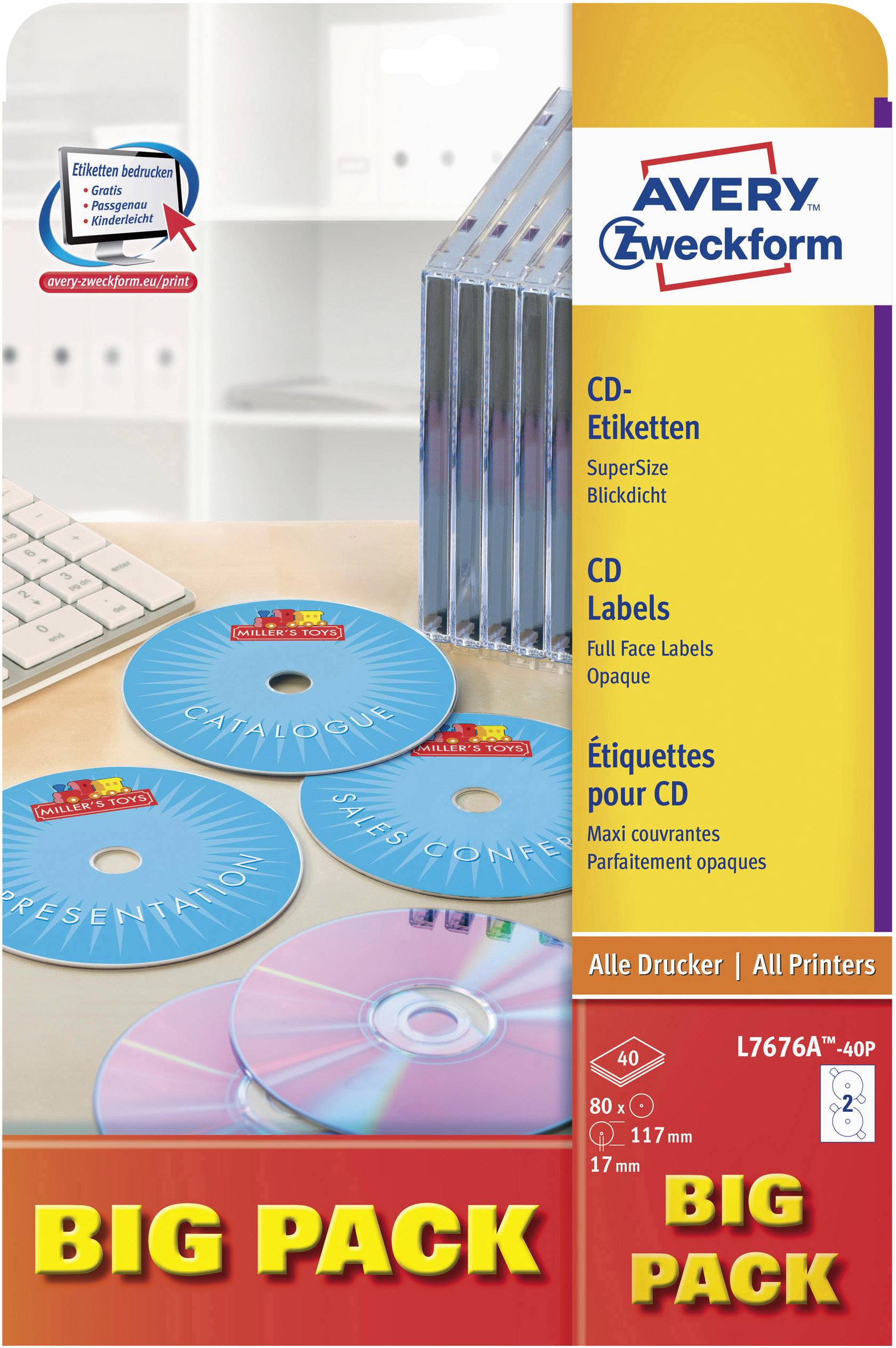 Avery-Zweckform CD-etiketten L7676A-40P Ø 117 mm Papier Wit 80 stuk(s) Permanent hechtend Ondoorzichtig, Tot kerngat bed