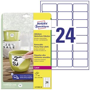 Avery-Zweckform L4773REV-20 Folie-etiketten 63.5 x 33.9 mm Polyester folie Wit 480 stuk(s) Weer verwijderbaar Laser (kle Avery-Zweckform L4773REV-20 Folie-etiketten 63.5 x 33.9 mm Polyester folie Wit 480 stuk(s) Weer verwijderbaar Laser (kle