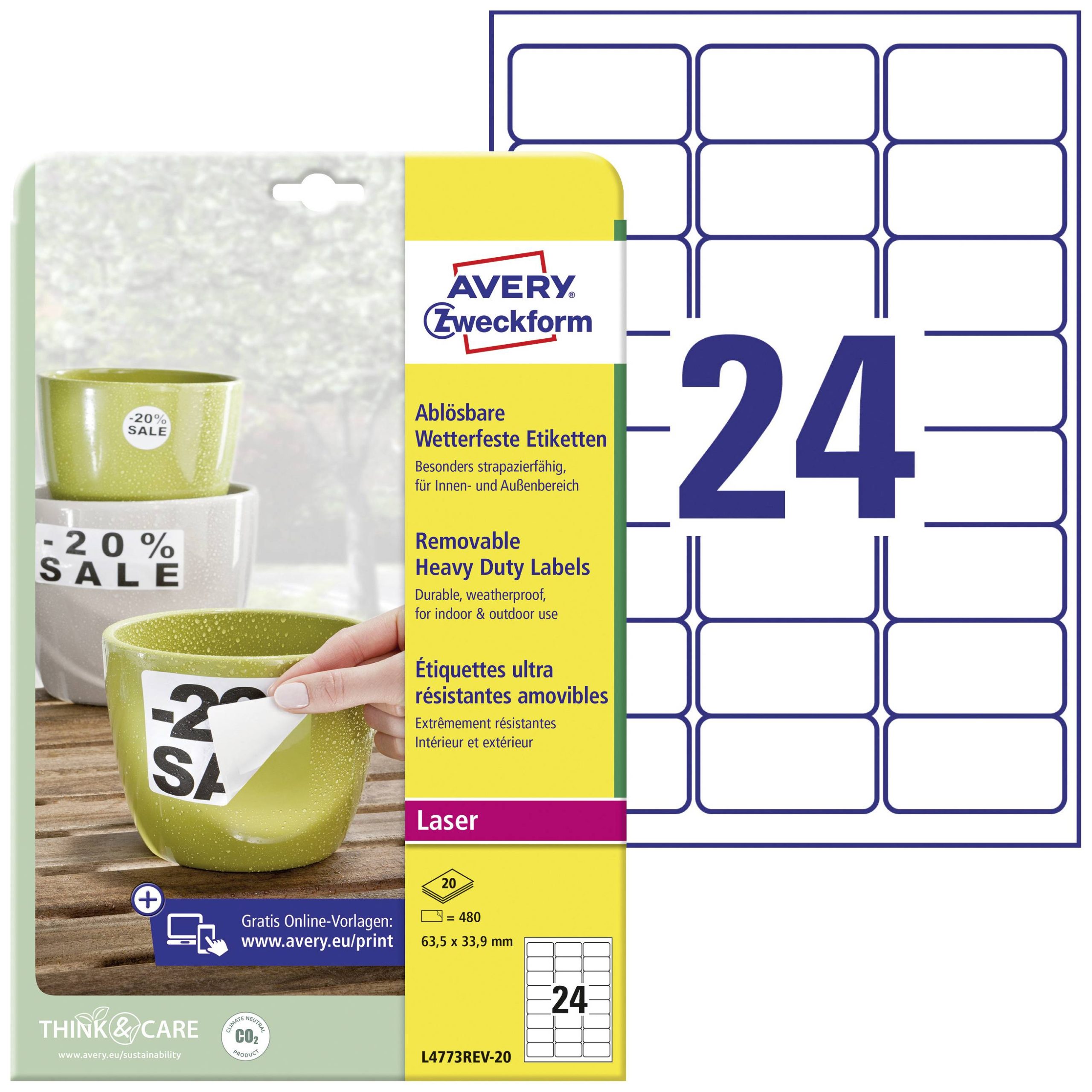 Avery-Zweckform L4773REV-20 Folie-etiketten 63.5 x 33.9 mm Polyester folie Wit 480 stuk(s) Weer verwijderbaar Laser (kle