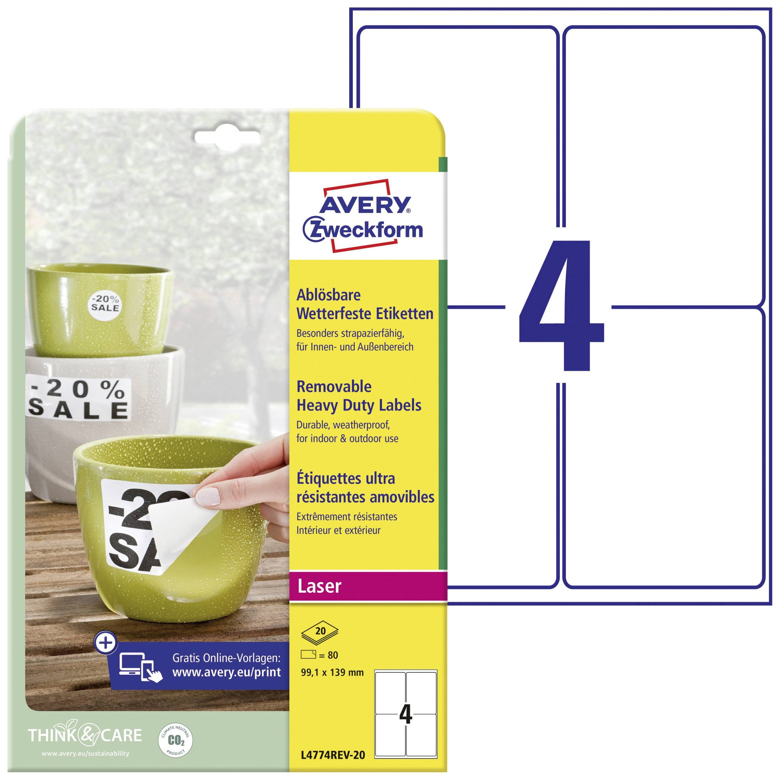 Avery-Zweckform L4774REV-20 L4774REV-20 ( 99.1 x 139 mm ),Wit, 80 stuk(s), Weer verwijderbaar