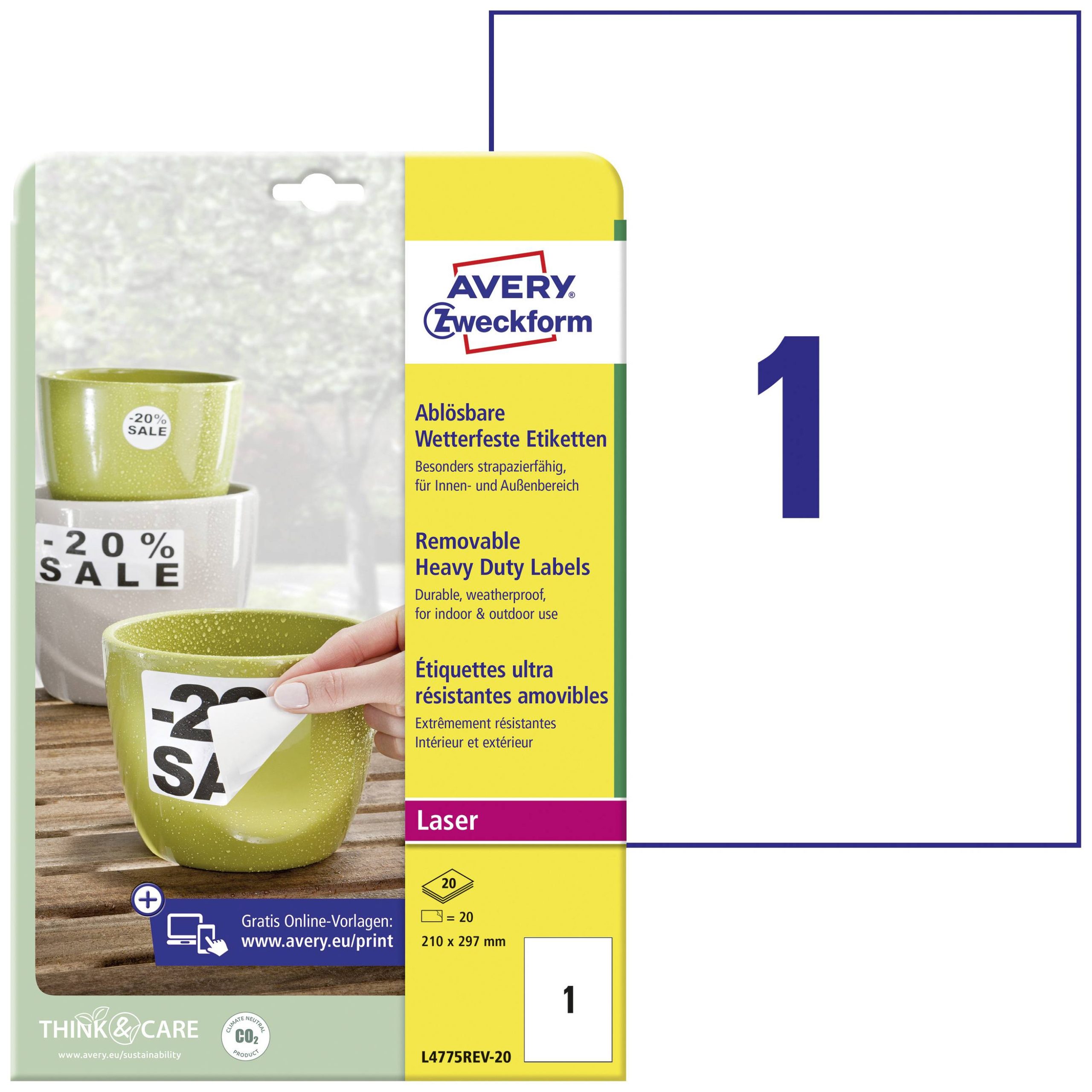 Avery-Zweckform Wetterfeste Folien-Etiketten, Laser L4775REV-20 ( 210 x 297 mm ),Wit, 20 stuk(s), Weer verwijderbaar