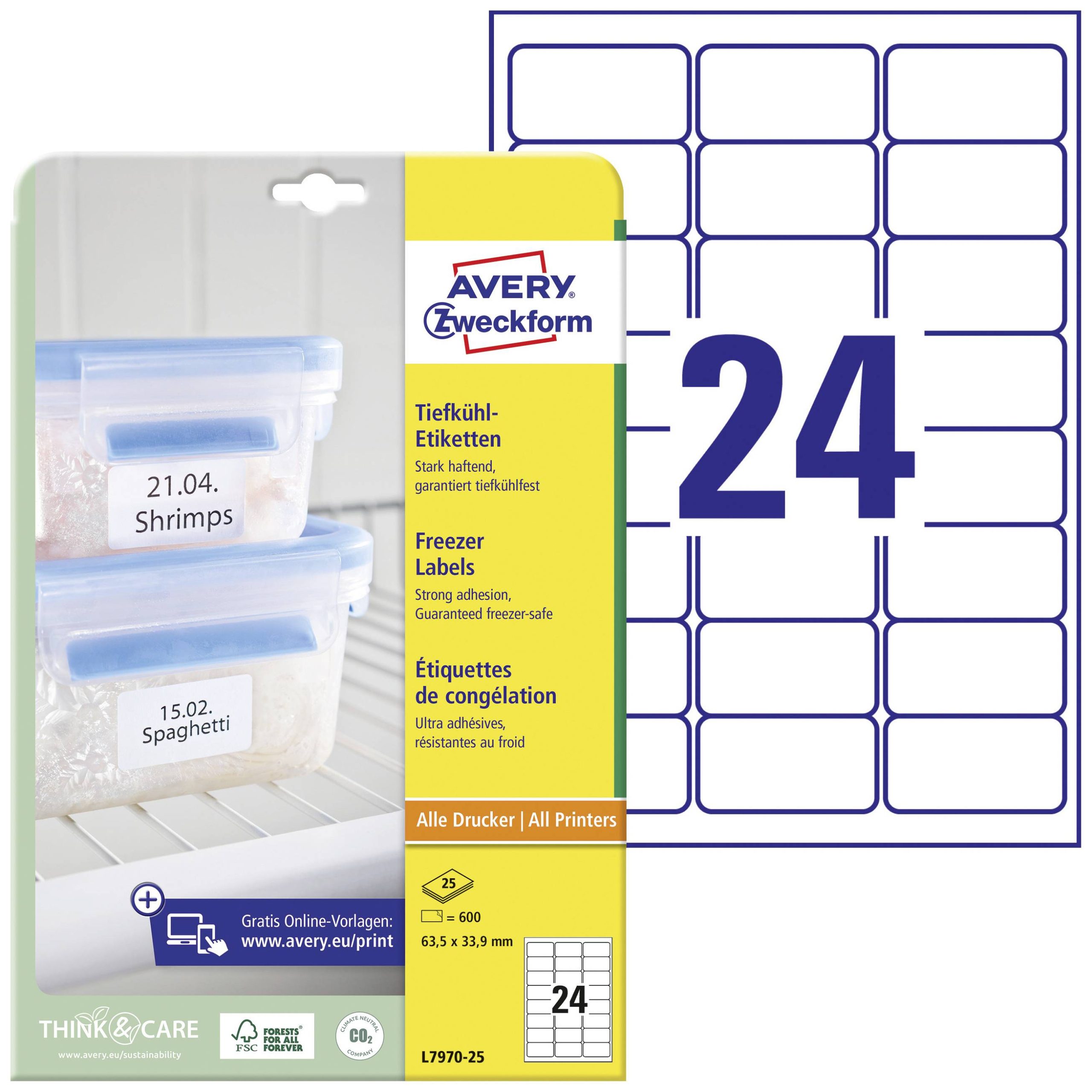 Avery-Zweckform L7970-25 Etiketten 63.5 x 33.9 mm Papier Wit 600 stuk(s) Permanent hechtend Diepvriesetiketten Laser, Ko