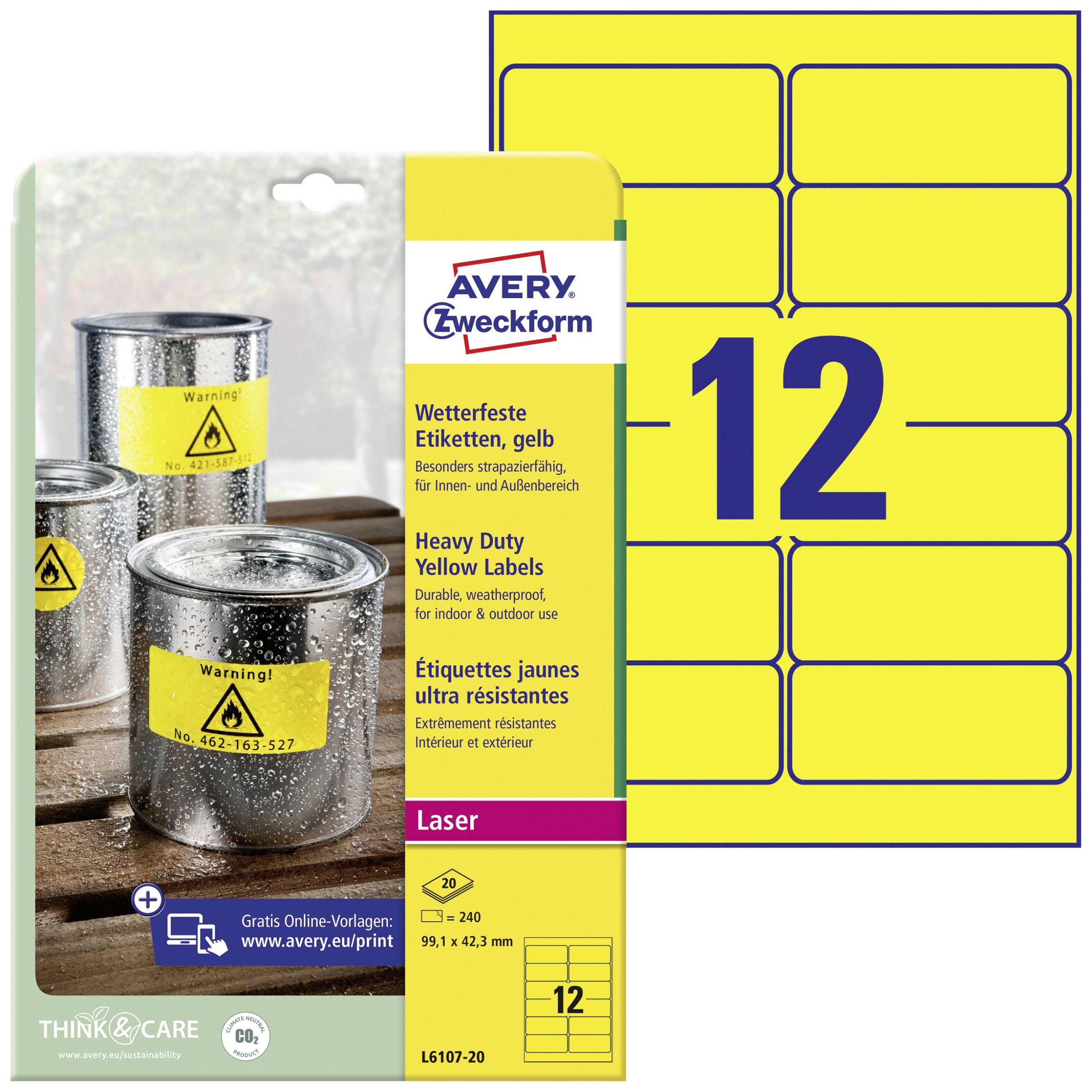 Avery-Zweckform L6107-20 Folie-etiketten 99.1 x 42.3 mm Polyester folie Geel 240 stuk(s) Permanent hechtend Laser (kleur