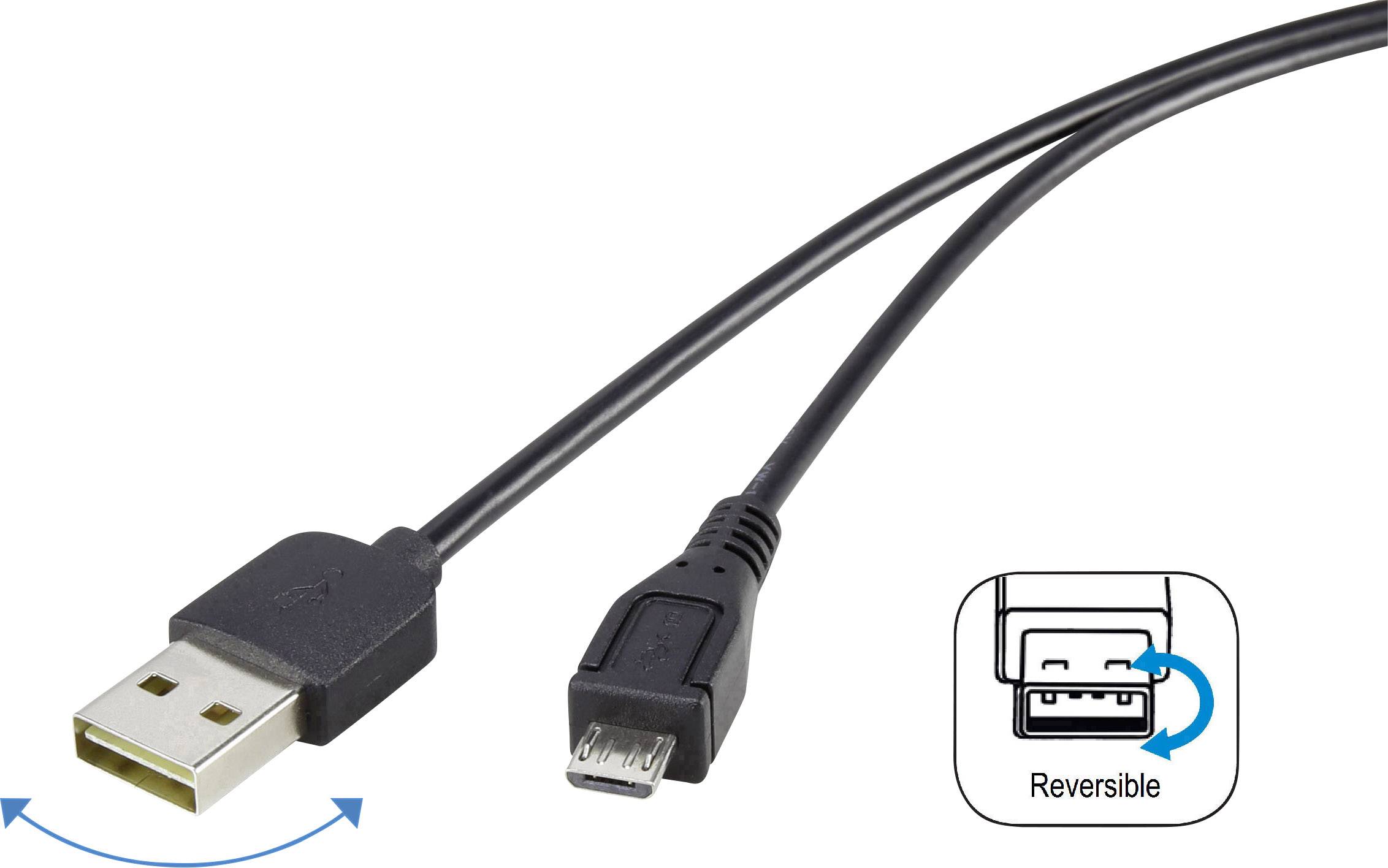 Renkforce RF-4096110 USB-kabel USB 2.0 USB-A stekker, USB-micro-B stekker 1.80 m Zwart Stekker past op beide manieren, V