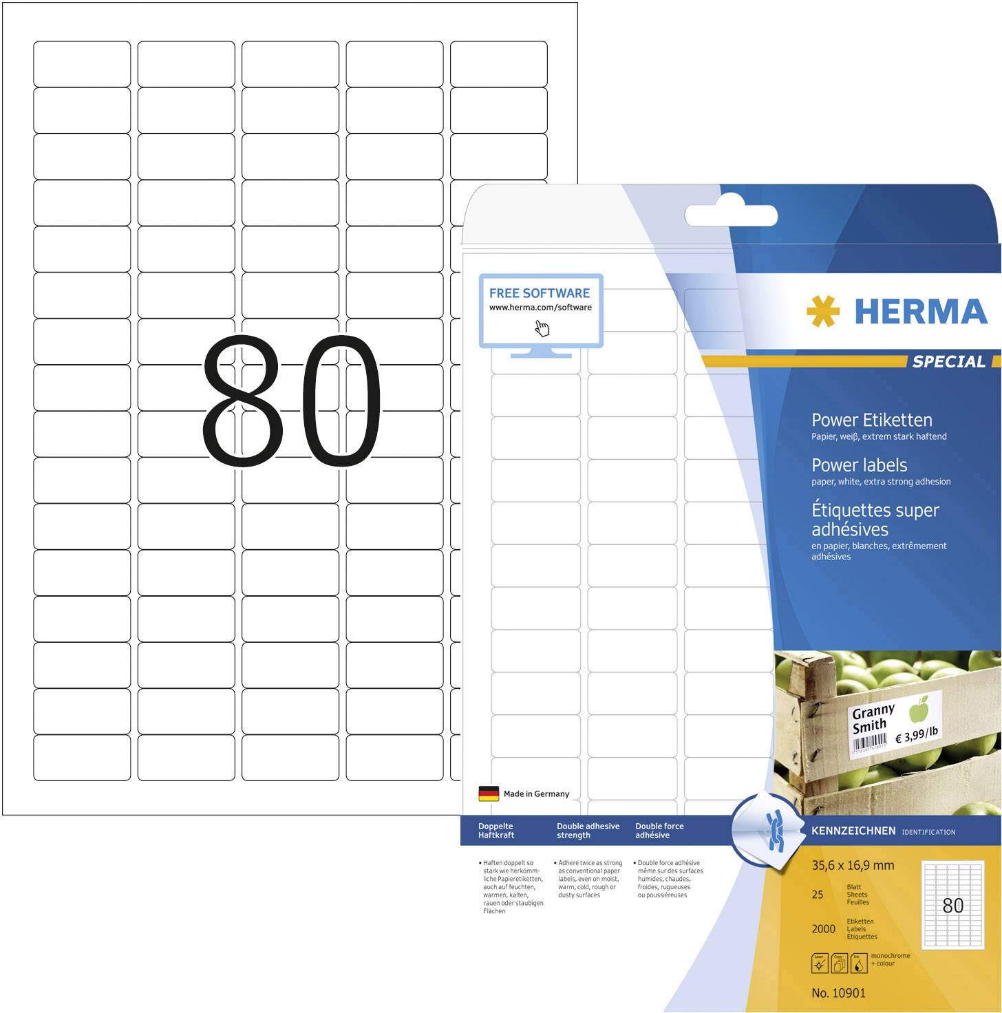 Herma 10901 35.6 x 16.9 mm Papier Wit 2000 stuk(s) Permanent hechtend Universele etiketten Inkt, Laser, Kopie 25 vel DIN