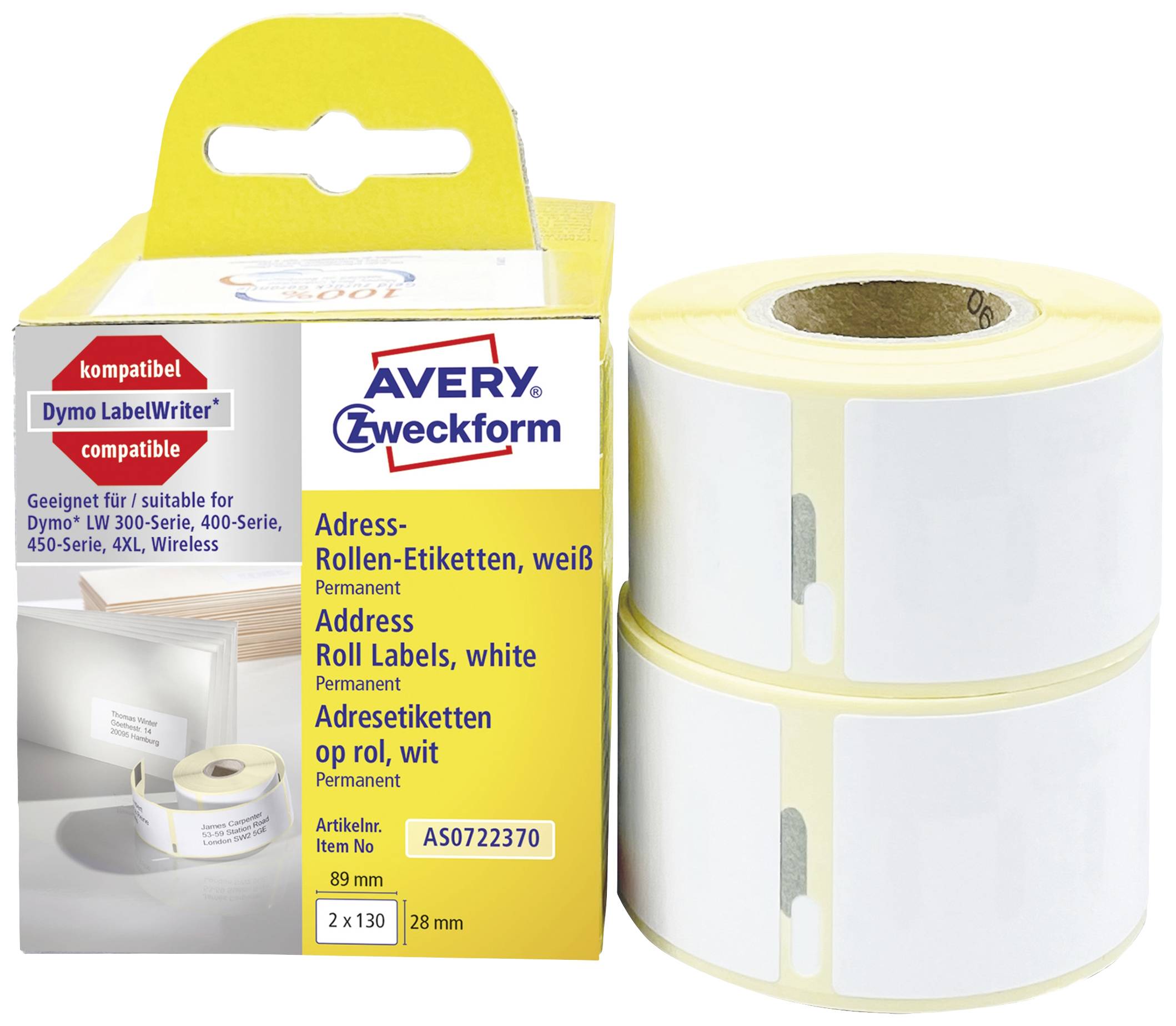 Avery-Zweckform Rol met etiketten 82 x 28 mm Papier Wit 260 stuk(s) Permanent hechtend Adresetiketten AS0722370