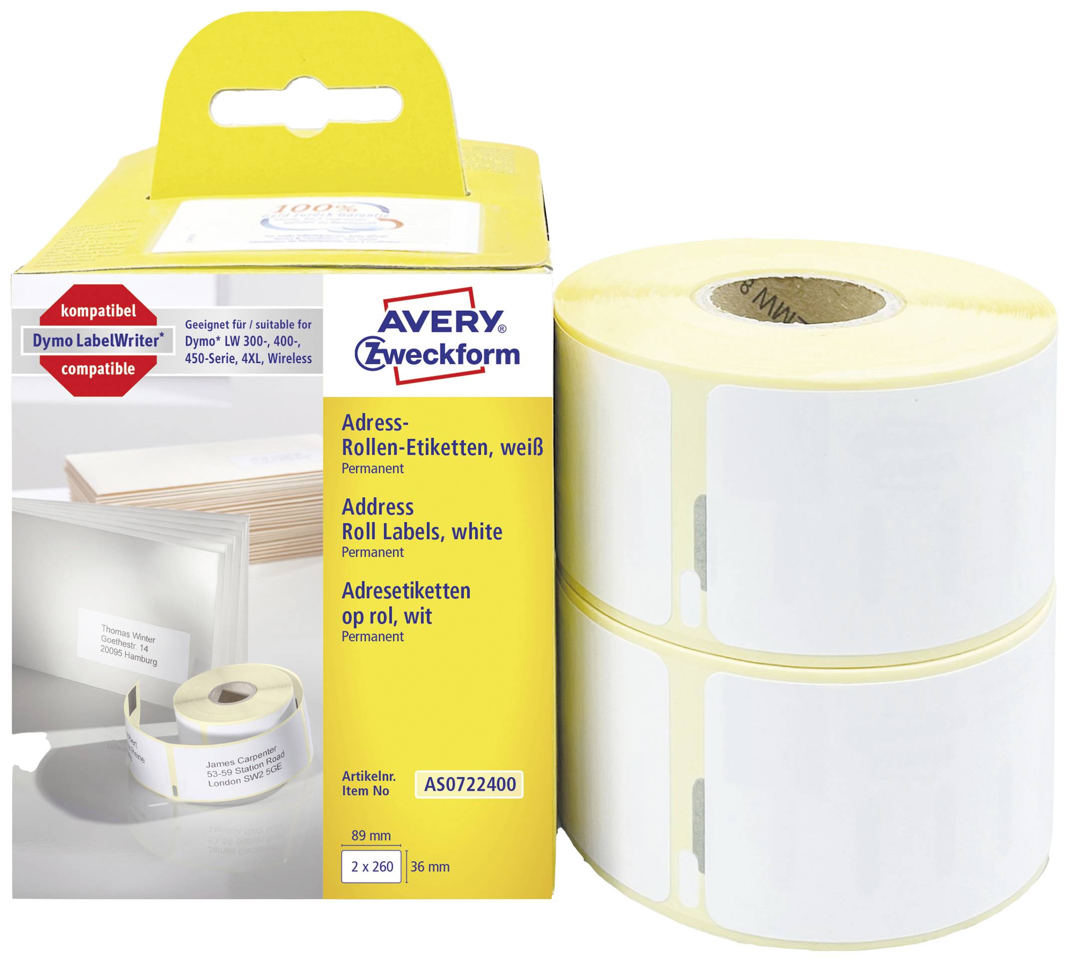 Avery-Zweckform Rol met etiketten Compatibel vervangt DYMO, Seiko 99012, S0722400 89 x 36 mm Papier Wit 520 stuk(s) Perm