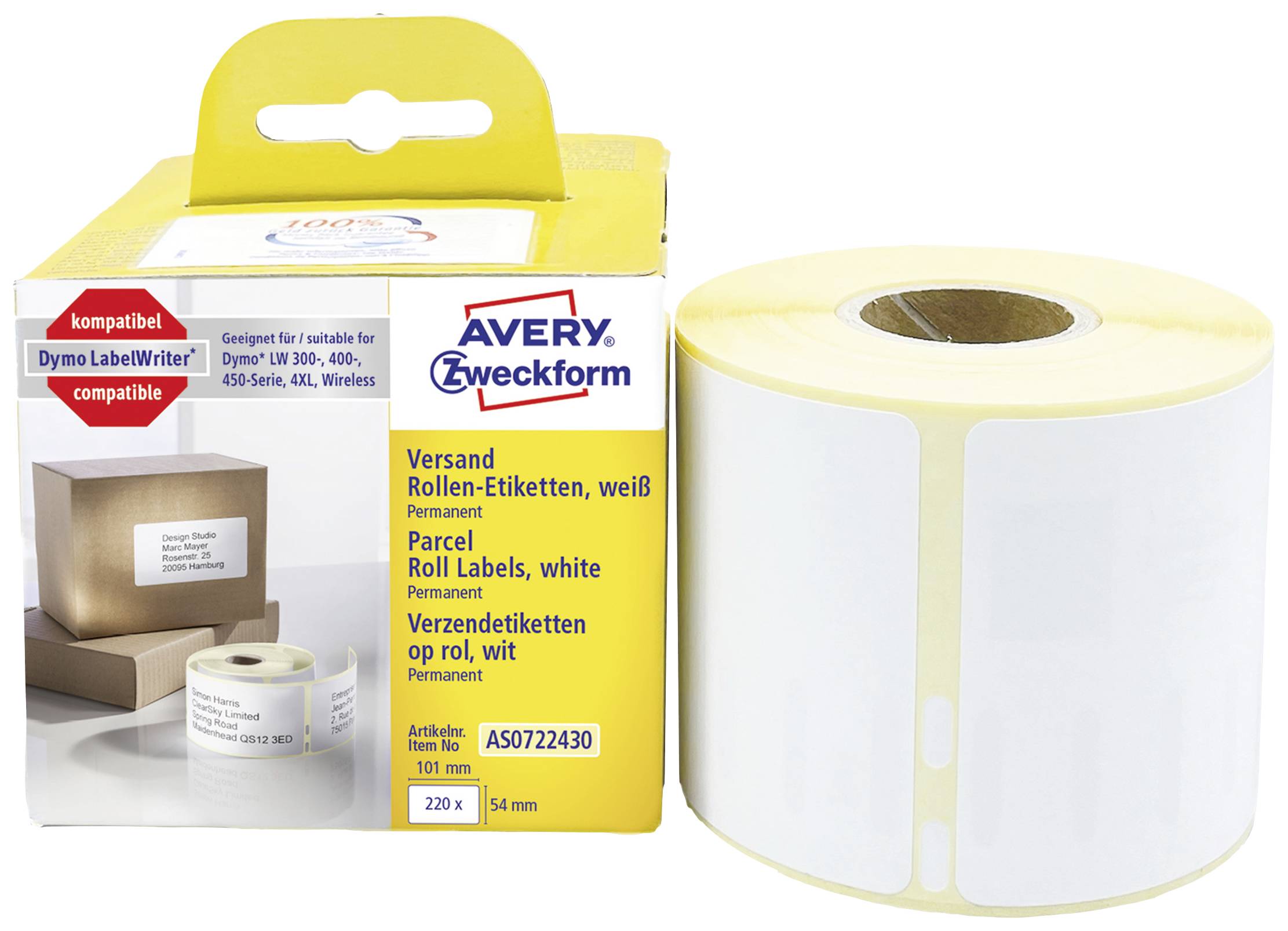 Avery-Zweckform Rol met etiketten Compatibel vervangt DYMO, Seiko 99014, S0722430 101 x 54 mm Papier Wit 220 stuk(s) Per