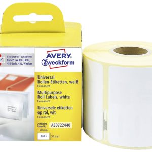 Avery-Zweckform Etiketten (rol) 70 x 54 mm Papier Wit 320 stuk(s) Permanent hechtend Universele etiketten AS0722440 Avery-Zweckform Etiketten (rol) 70 x 54 mm Papier Wit 320 stuk(s) Permanent hechtend Universele etiketten AS0722440