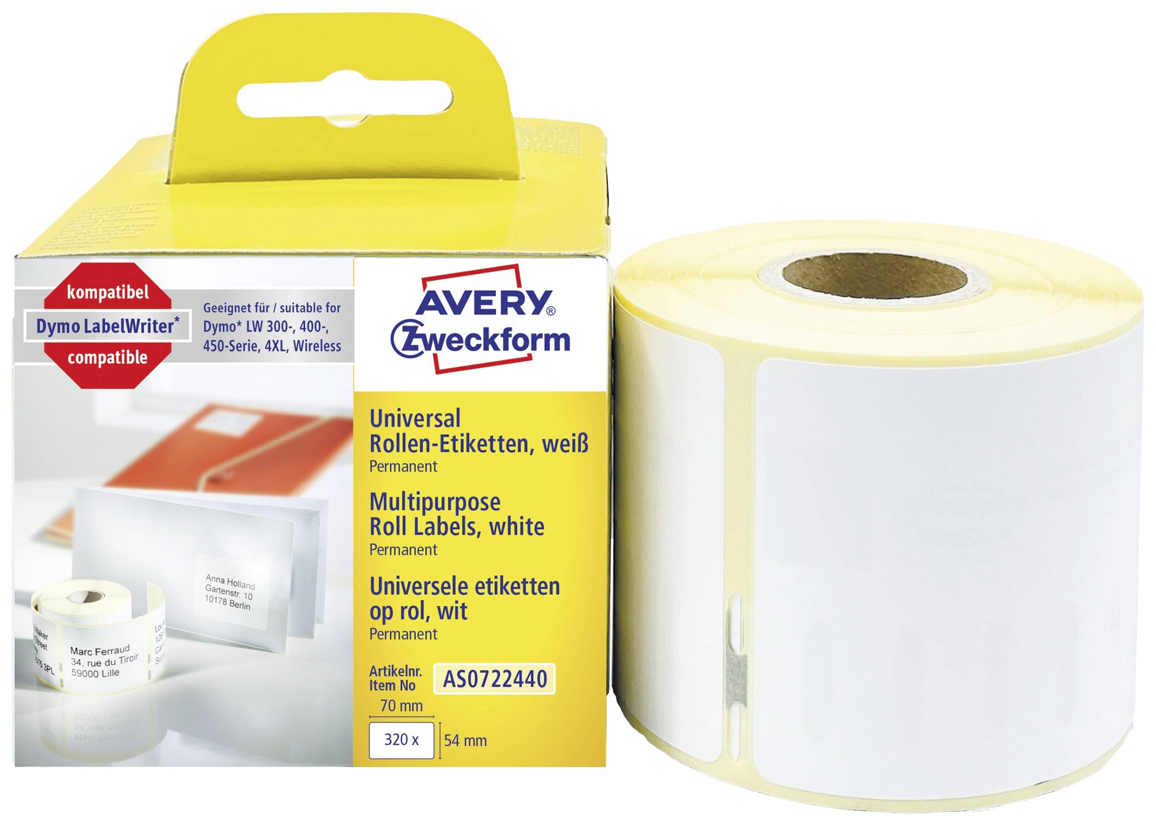 Avery-Zweckform Etiketten (rol) 70 x 54 mm Papier Wit 320 stuk(s) Permanent hechtend Universele etiketten AS0722440