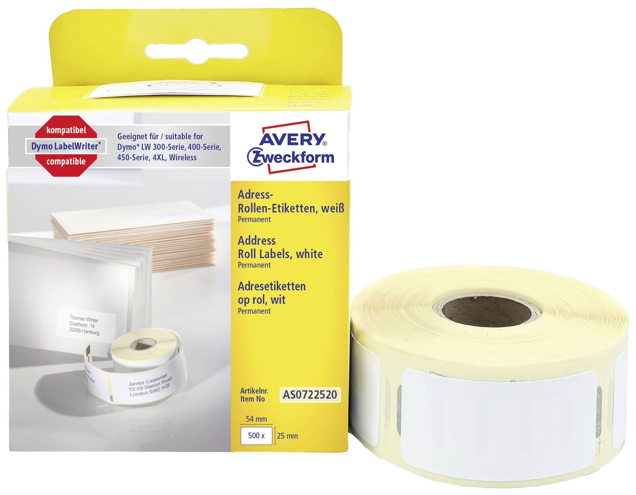 Avery-Zweckform Rol met etiketten Compatibel vervangt DYMO 11352, S0722520 54 x 25 mm Papier Wit 500 stuk(s) Permanent h