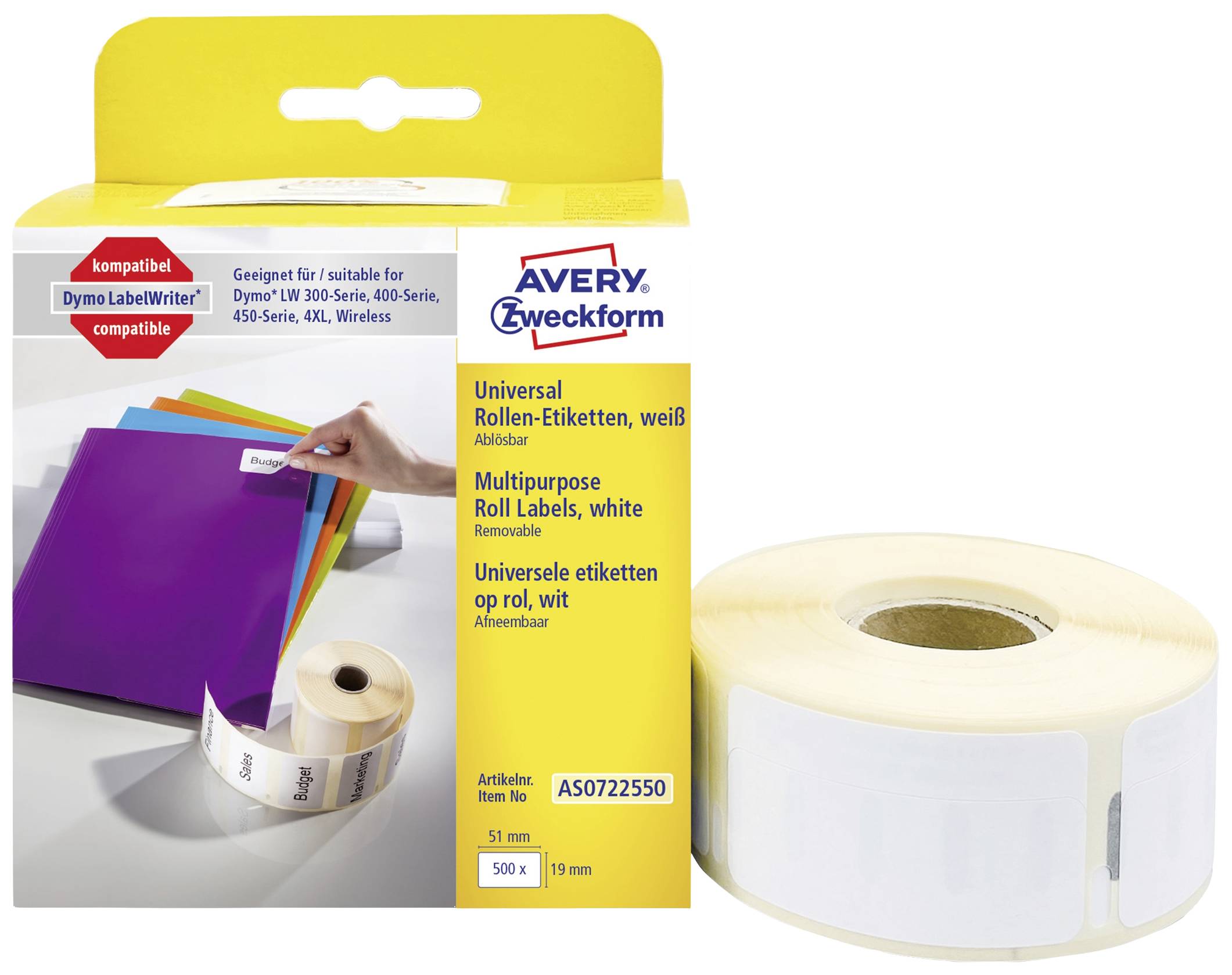 Avery-Zweckform Rol met etiketten Compatibel vervangt DYMO 11355, S0722550 19 x 51 mm Papier Wit 500 stuk(s) Weer verwij