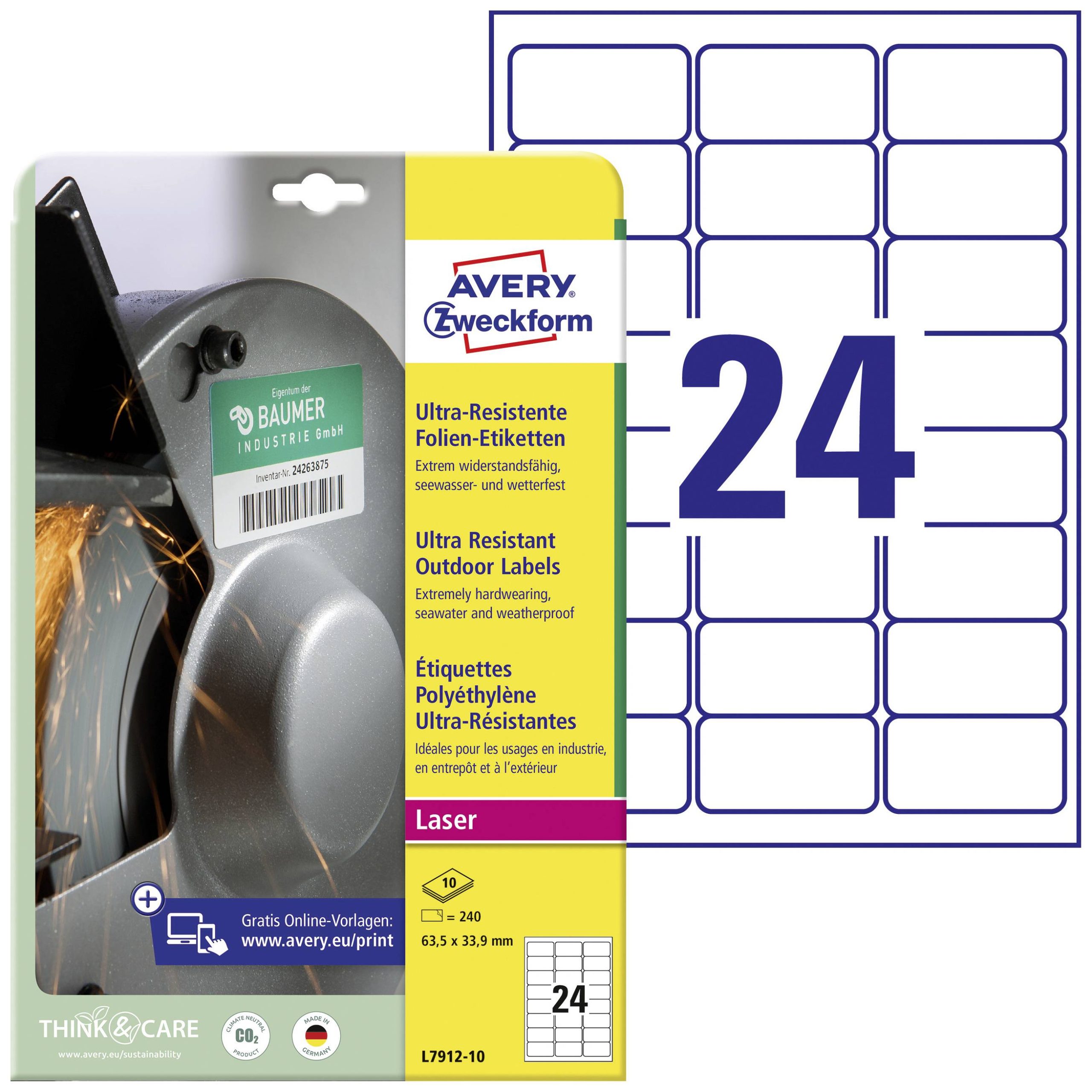 Avery-Zweckform L7912-10 63.5 x 33.9 mm Polyethyleen folie Wit 240 stuk(s) Permanent hechtend Folie-etiketten