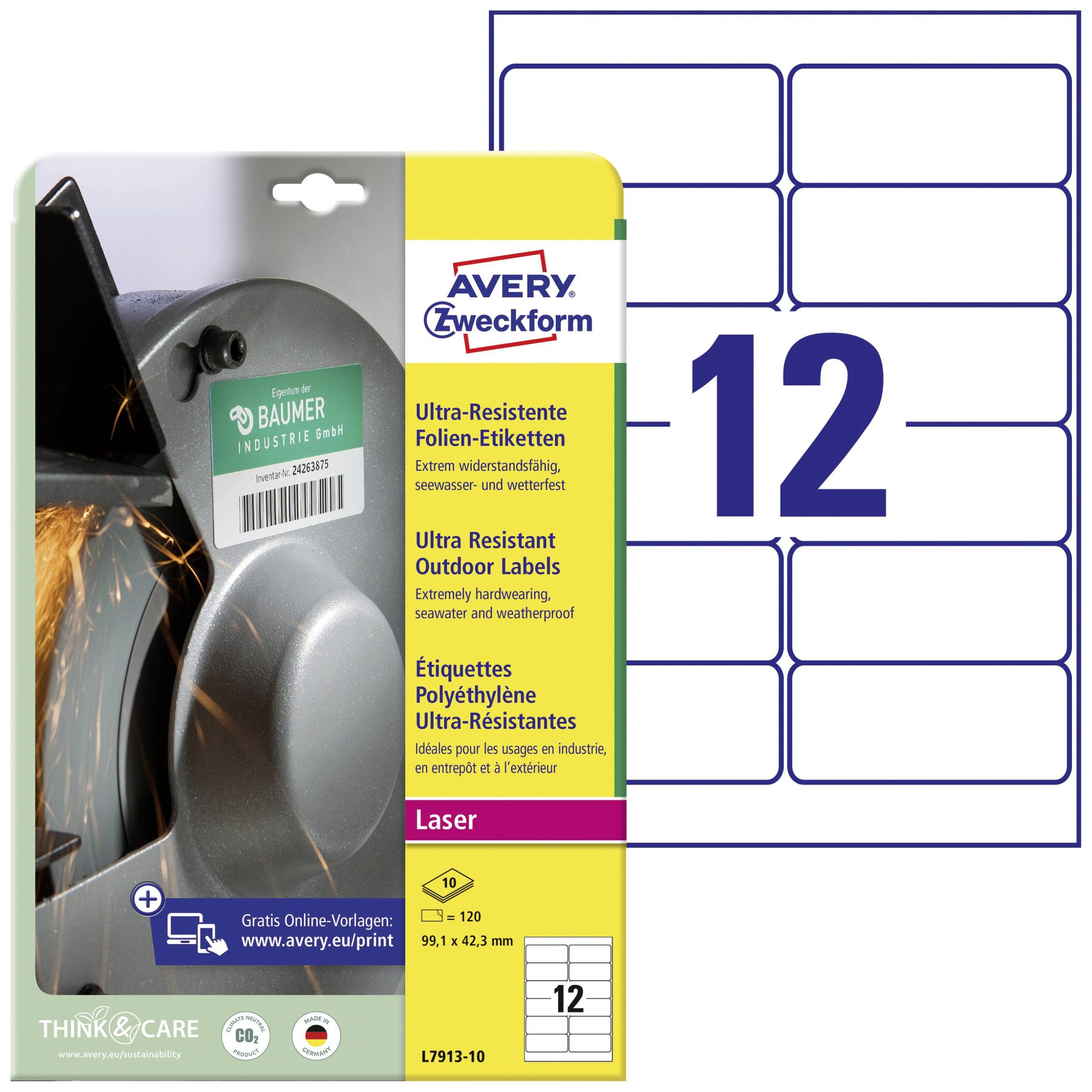 Avery-Zweckform L7913-10 Folie-etiketten 99.1 x 42.3 mm Polyethyleen folie Wit 120 stuk(s) Permanent hechtend Laser (kle