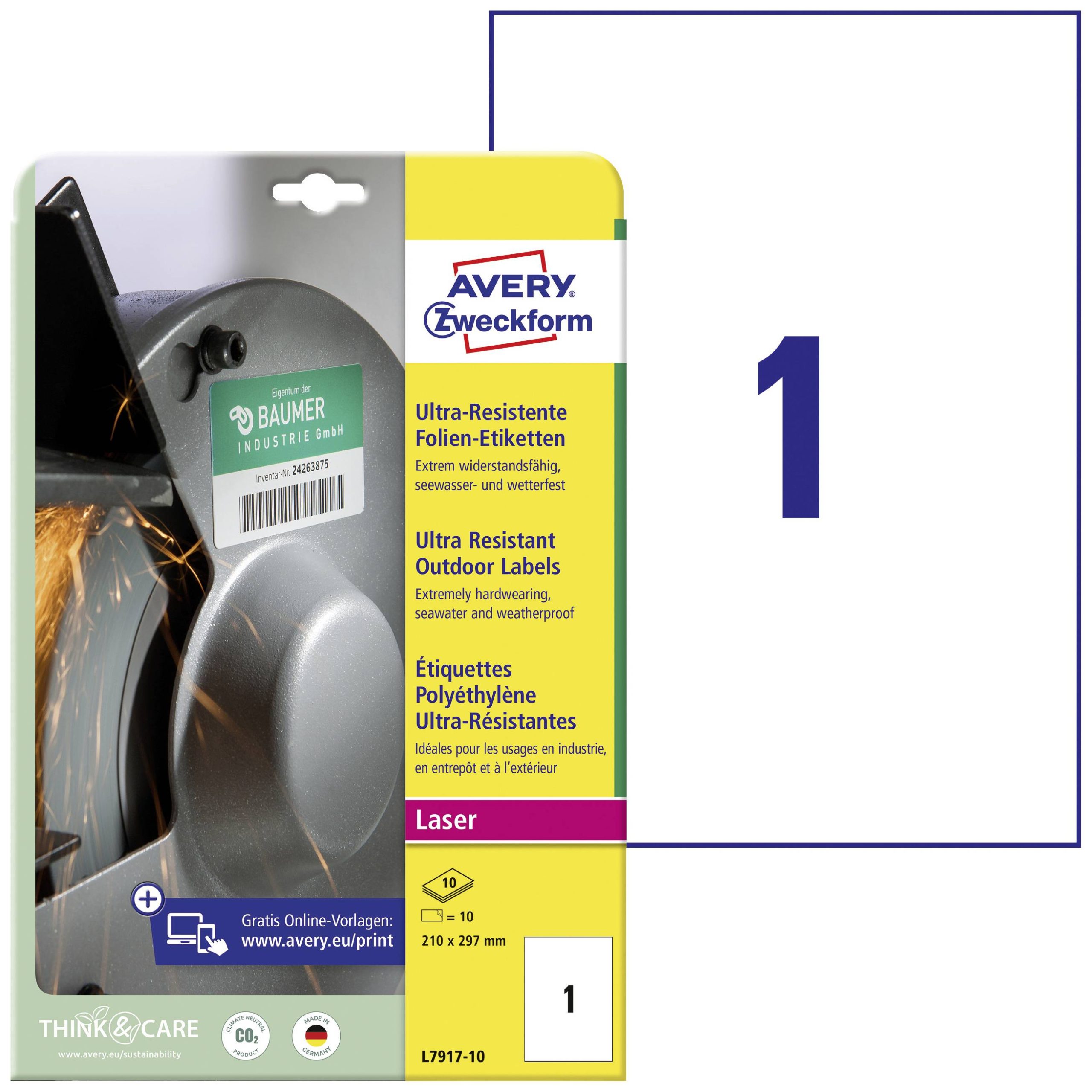 Avery-Zweckform L7917-10 Folie-etiketten 210 x 297 mm Polyethyleen folie Wit 10 stuk(s) Permanent hechtend Laser (kleur)