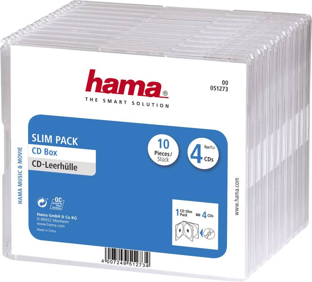 Hama 00051273 CD-hoes slim 4 CD's/DVD's/Blu-rays Transparant Polystereen 10 stuk(s)