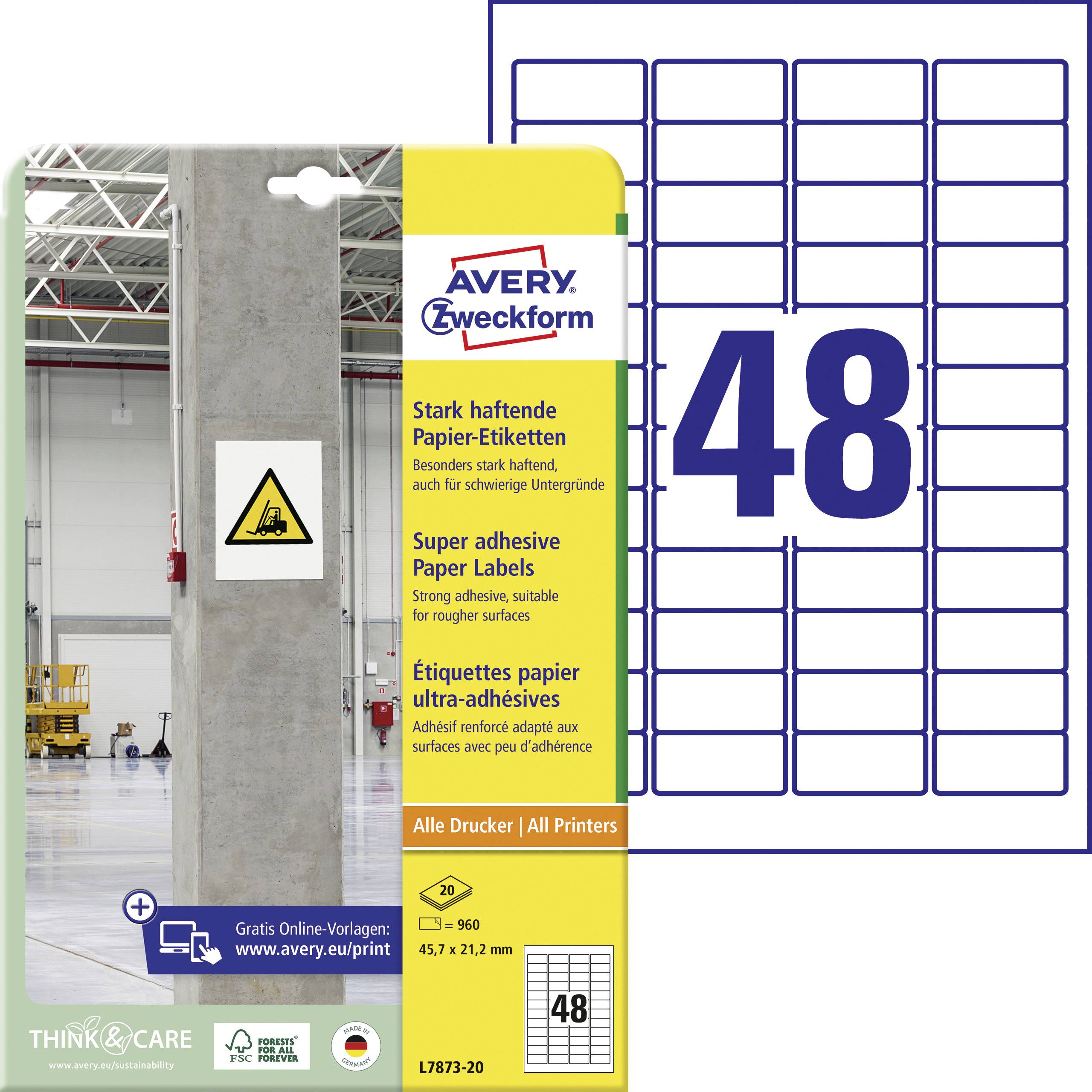 Avery-Zweckform Avery Zweckform L7873-20 sterk hechtende papieretiketten, 45,7 x 21,2 mm, 20 vellen/960 etiketten, wit L