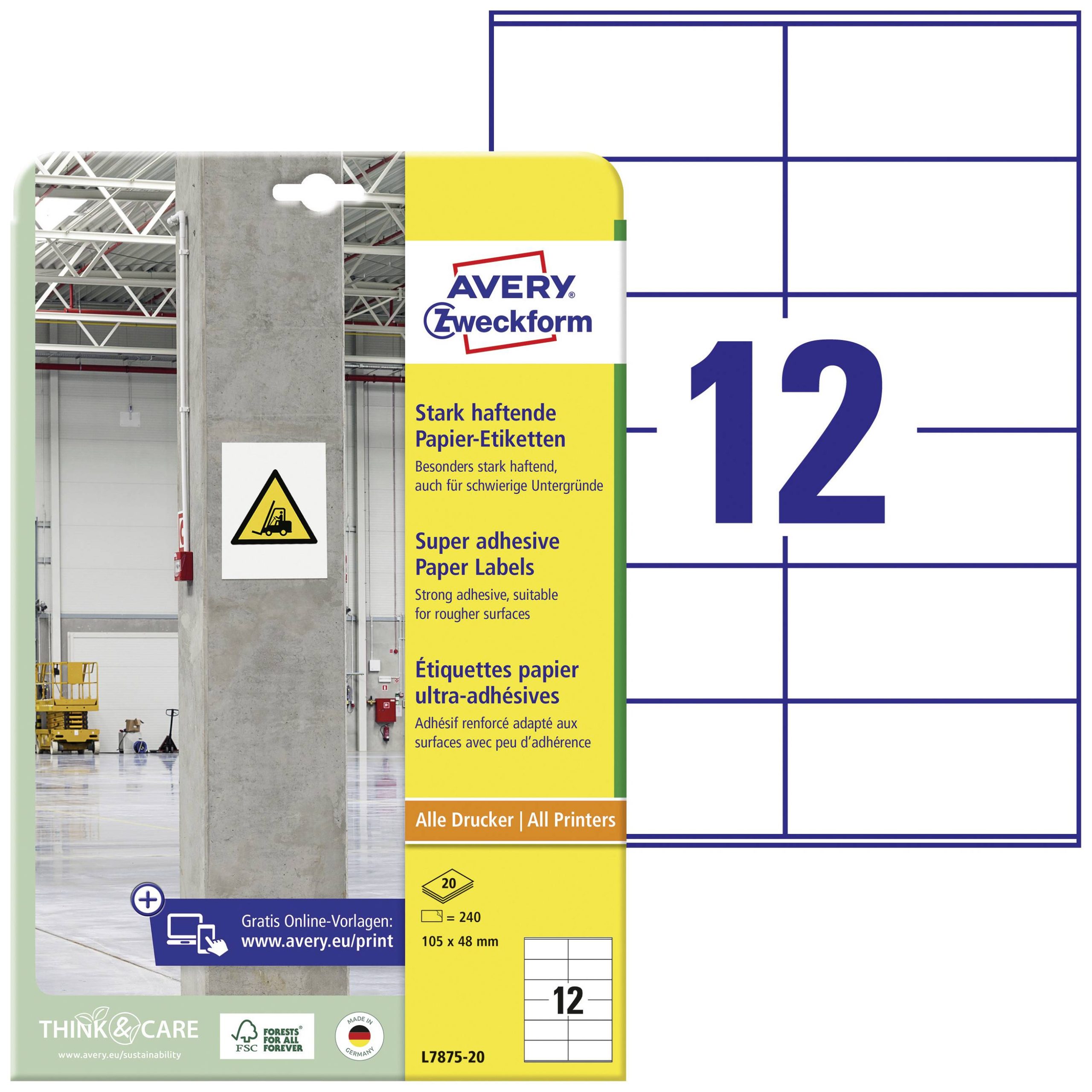Avery-Zweckform Avery Zweckform L7875-20 sterk hechtende papieretiketten, 105 x 48 mm, 20 vellen/240 etiketten, wit L787