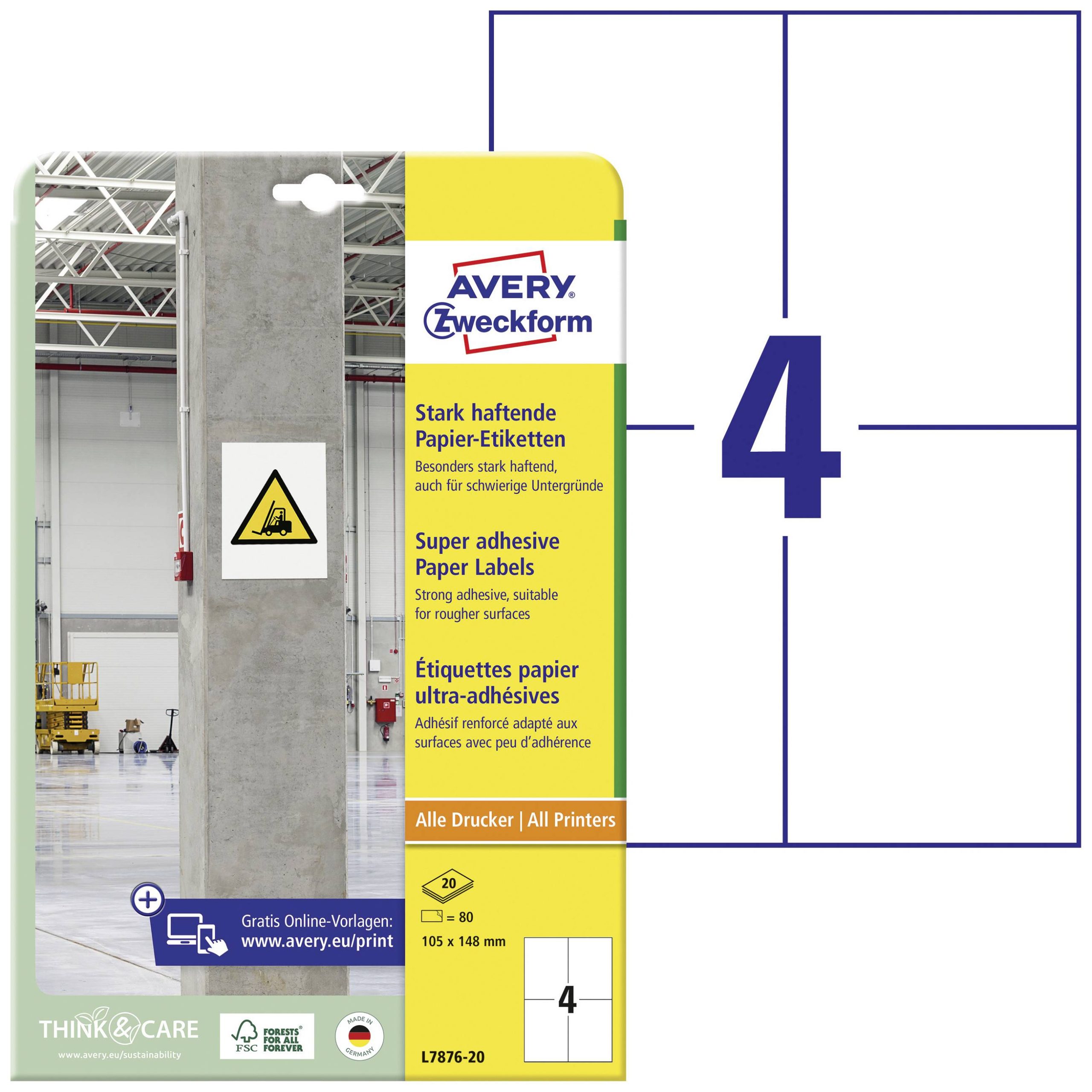 Avery-Zweckform Avery-Zweckform L7876-20 ( 105 x 148 mm, Wit, 80 stuk(s), Permanent hechtend, Sterk hechtend L7876-20 (