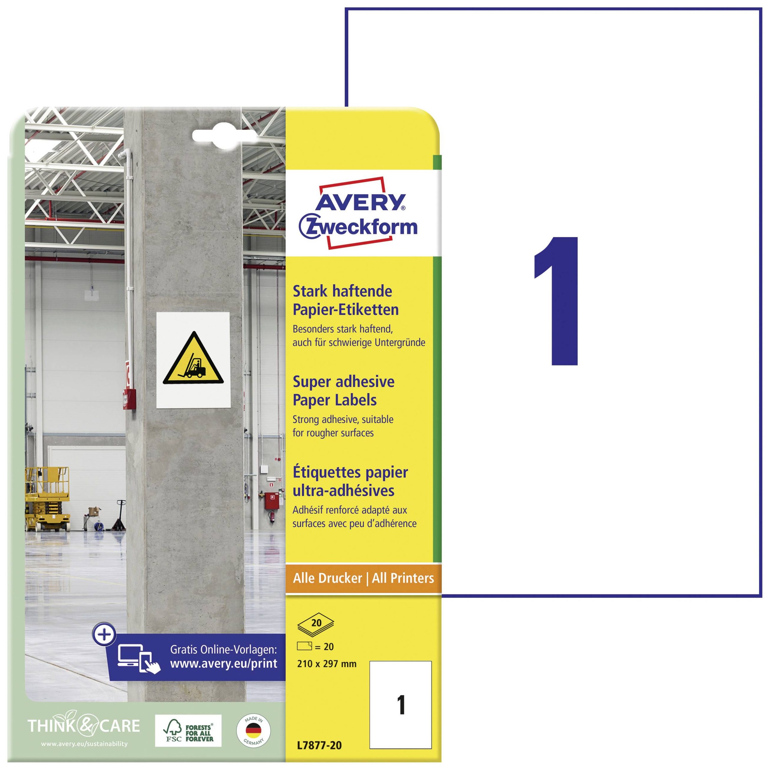 Avery-Zweckform Avery Zweckform L7877-20 sterk hechtende papieretiketten, 210 x 297 mm, 20 vellen/20 etiketten, wit L787