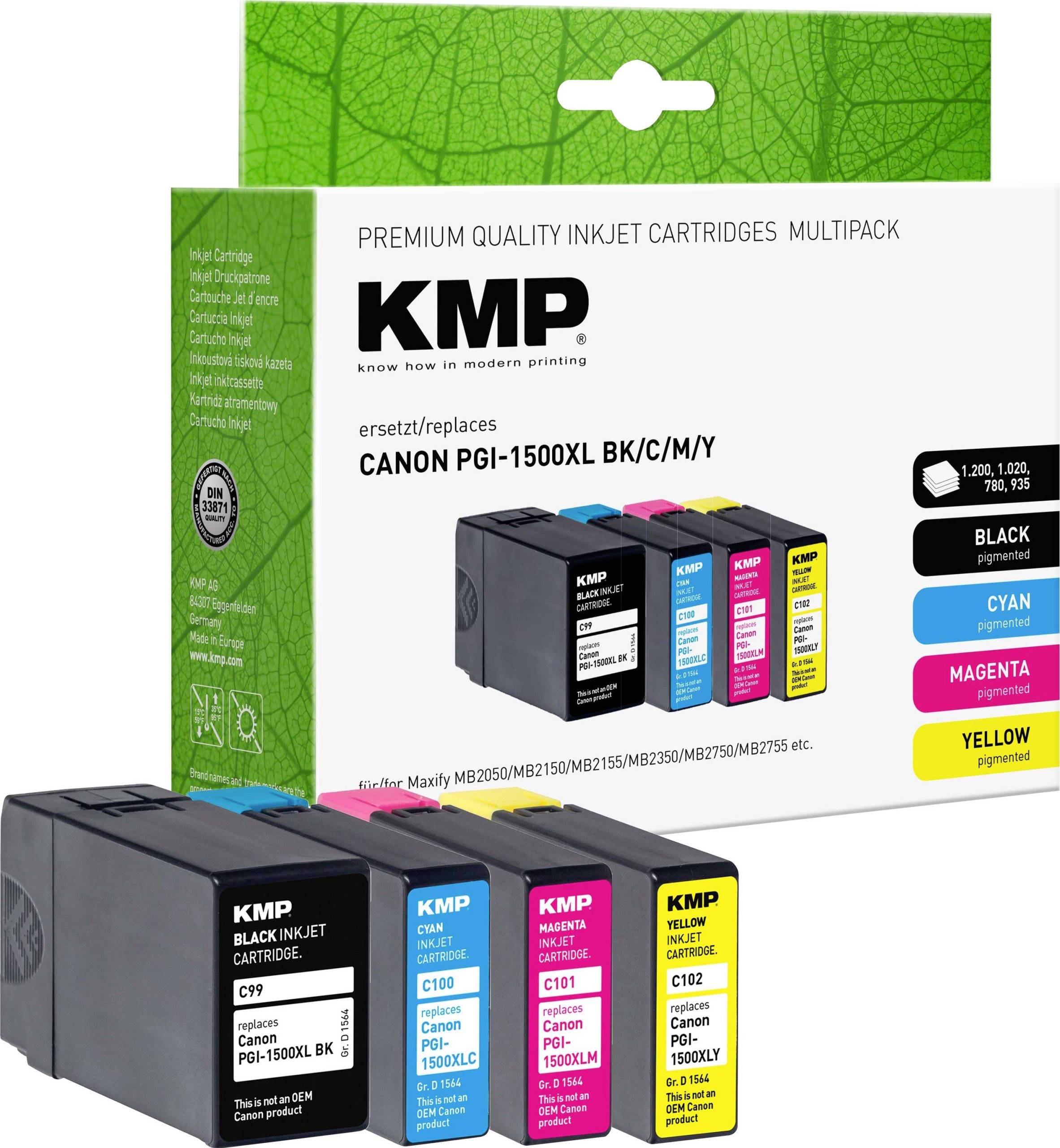 KMP Inktcartridge vervangt Canon PGI-1500BK XL, PGI-1500C XL, PGI-1500M XL, PGI-1500Y XL Compatibel Combipack Zwart, Cya