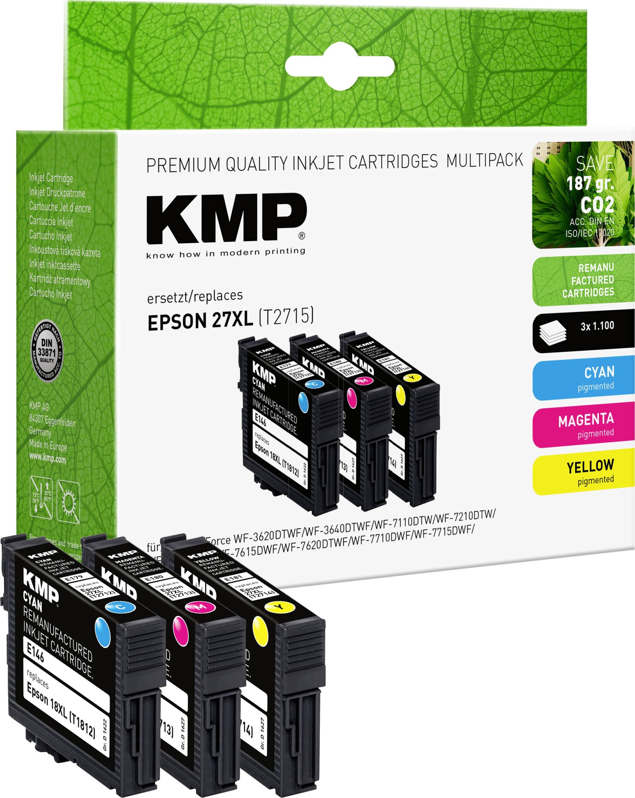 KMP Inktcartridge vervangt Epson 27XL, T2715, T2712, T2713, T2714 Compatibel Combipack Cyaan, Magenta, Geel E179V 1627,4