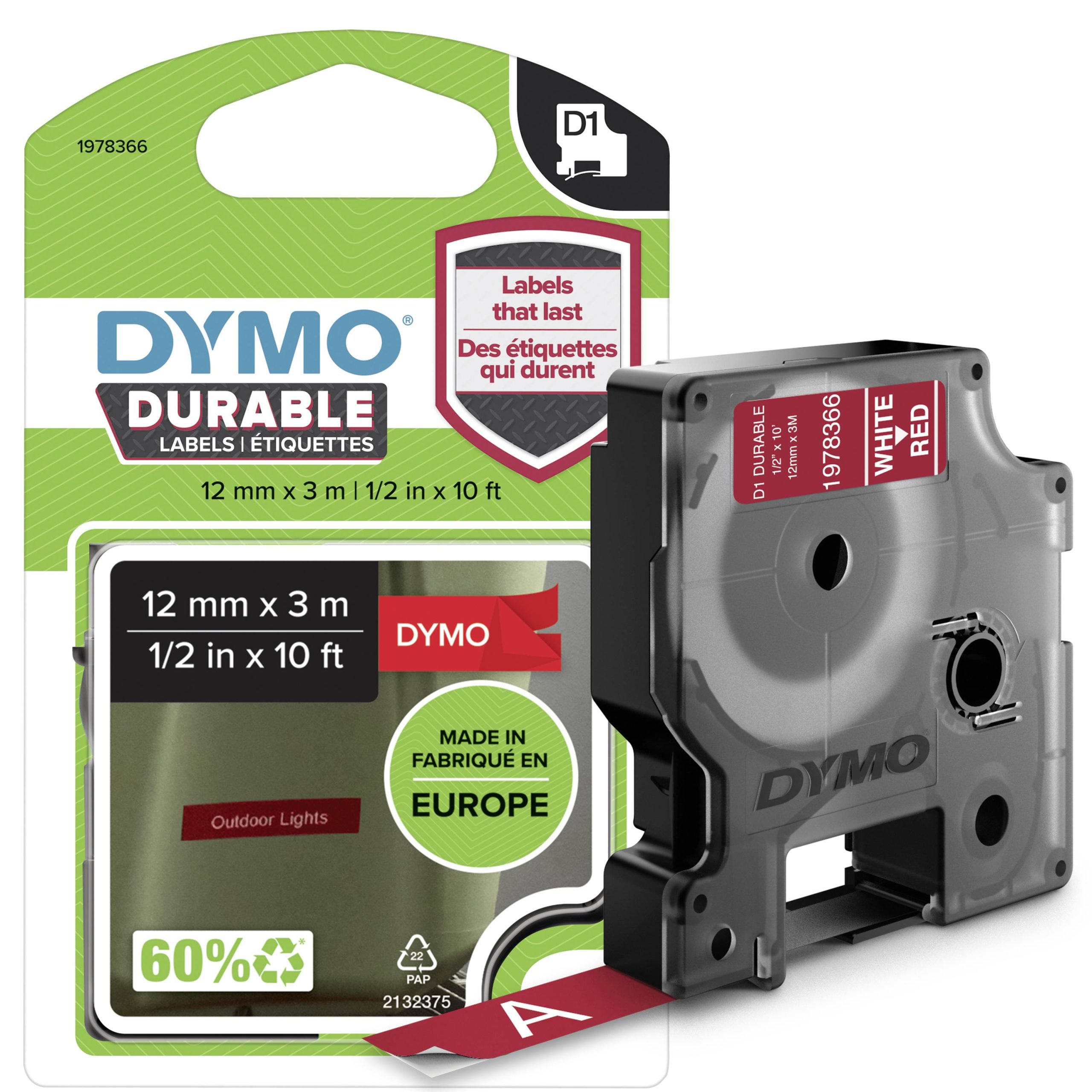 Etiketten DYMO D1 1978366 Vinyl Tapekleur: Rood Tekstkleur:Wit 12 mm 3 m