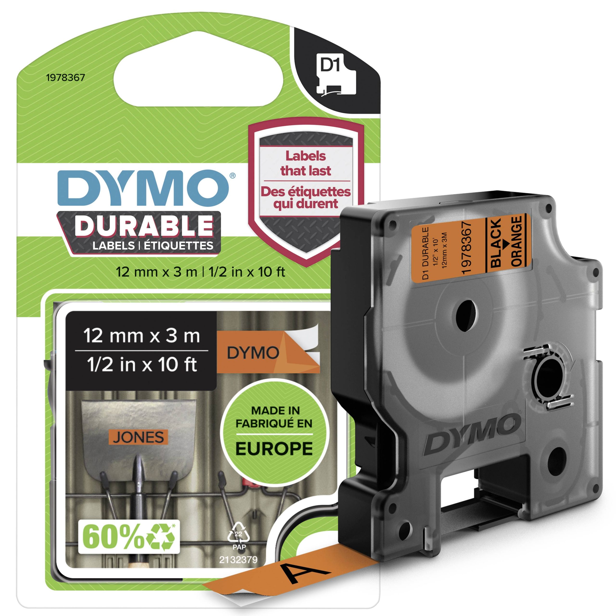 Etiketten DYMO D1 1978367 Vinyl Tapekleur: Oranje Tekstkleur:Zwart 12 mm 3 m
