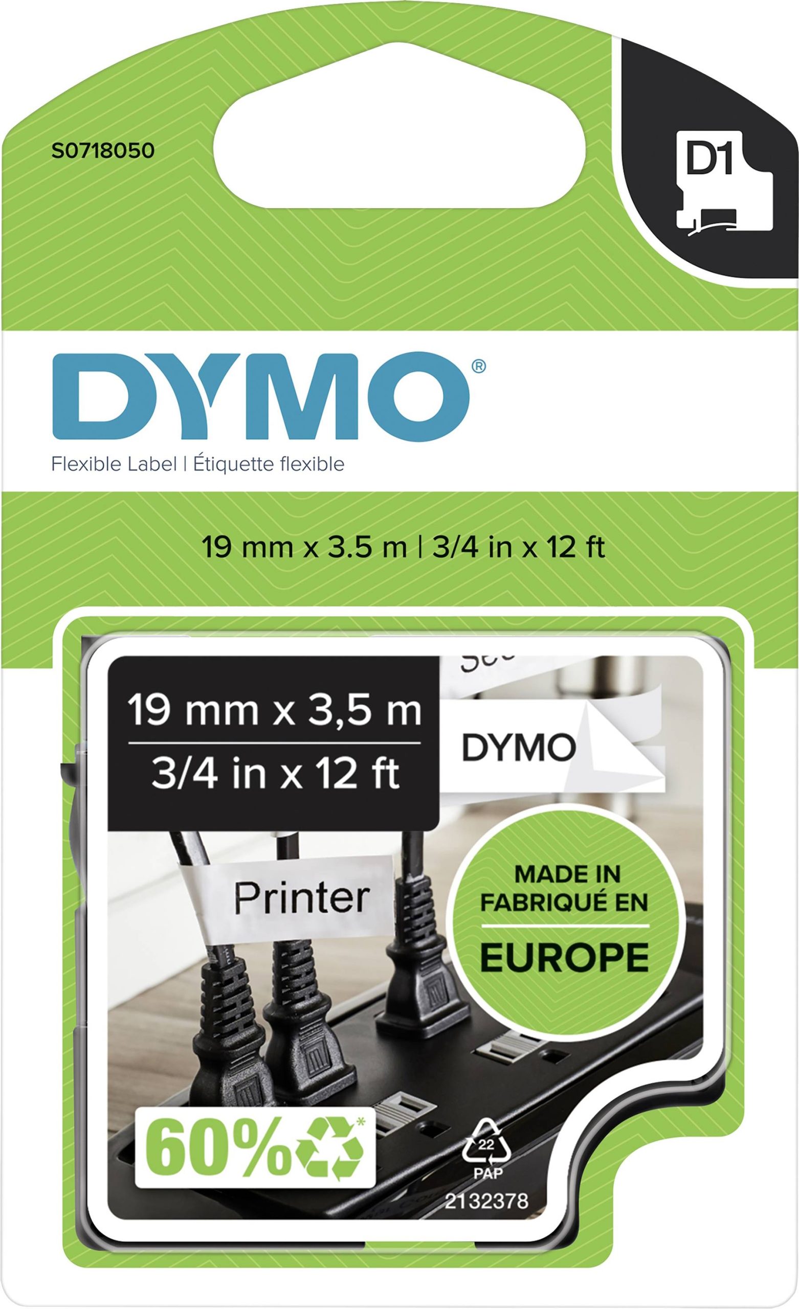 Etiketten DYMO D1 S0718050 Polyamide Tapekleur: Wit Tekstkleur:Zwart 19 mm 3.5 m