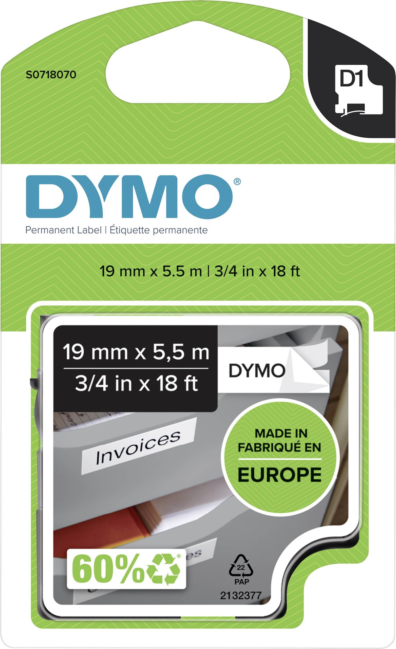 Etiketten DYMO D1 S0718070 Polyester Tapekleur: Wit Tekstkleur:Zwart 19 mm 5.5 m