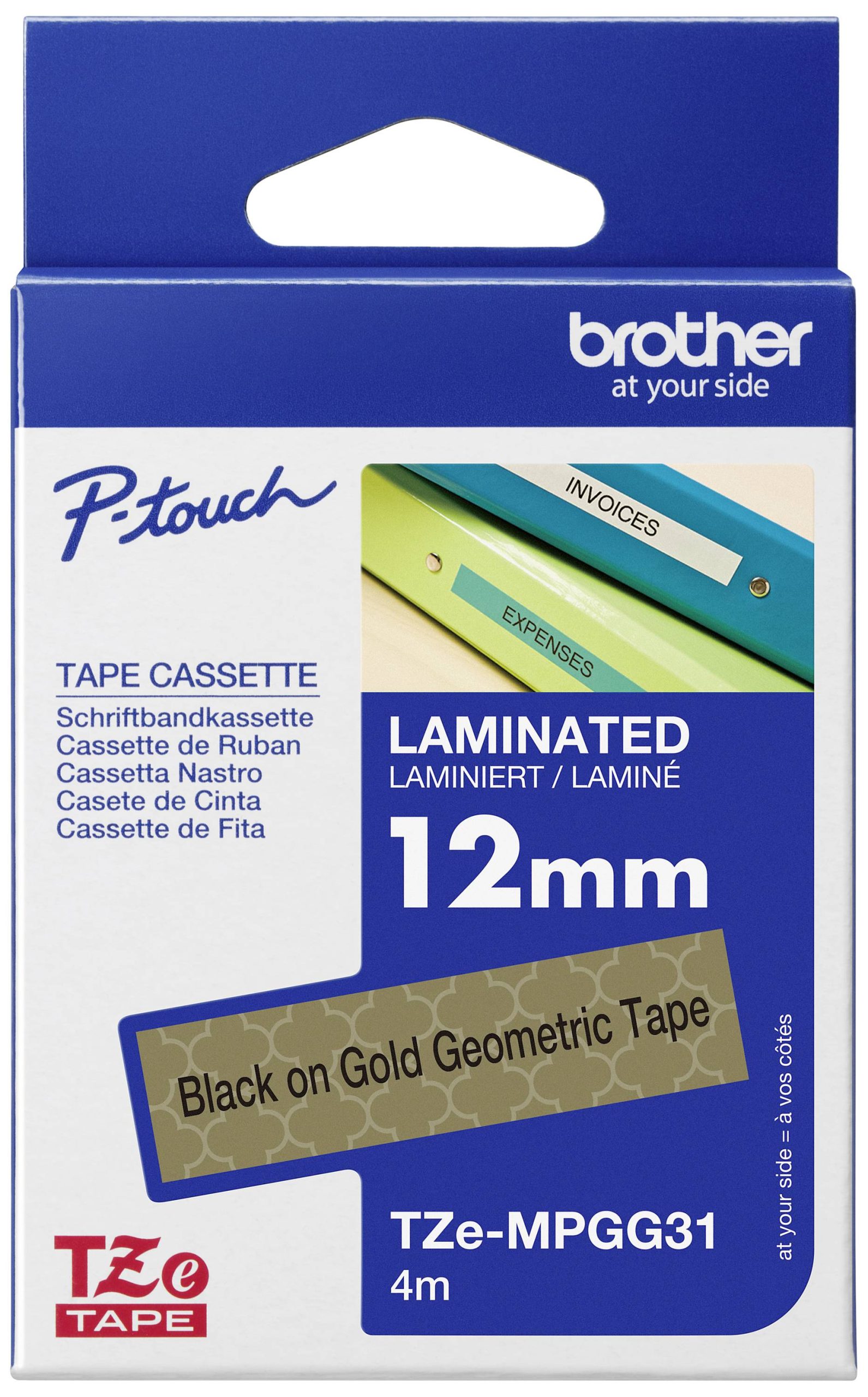 Etiketten Brother TZe, TZ TZe-MPGG31 Tapekleur: Goud (geometrisch motief) Tekstkleur:Zwart 12 mm 4 m