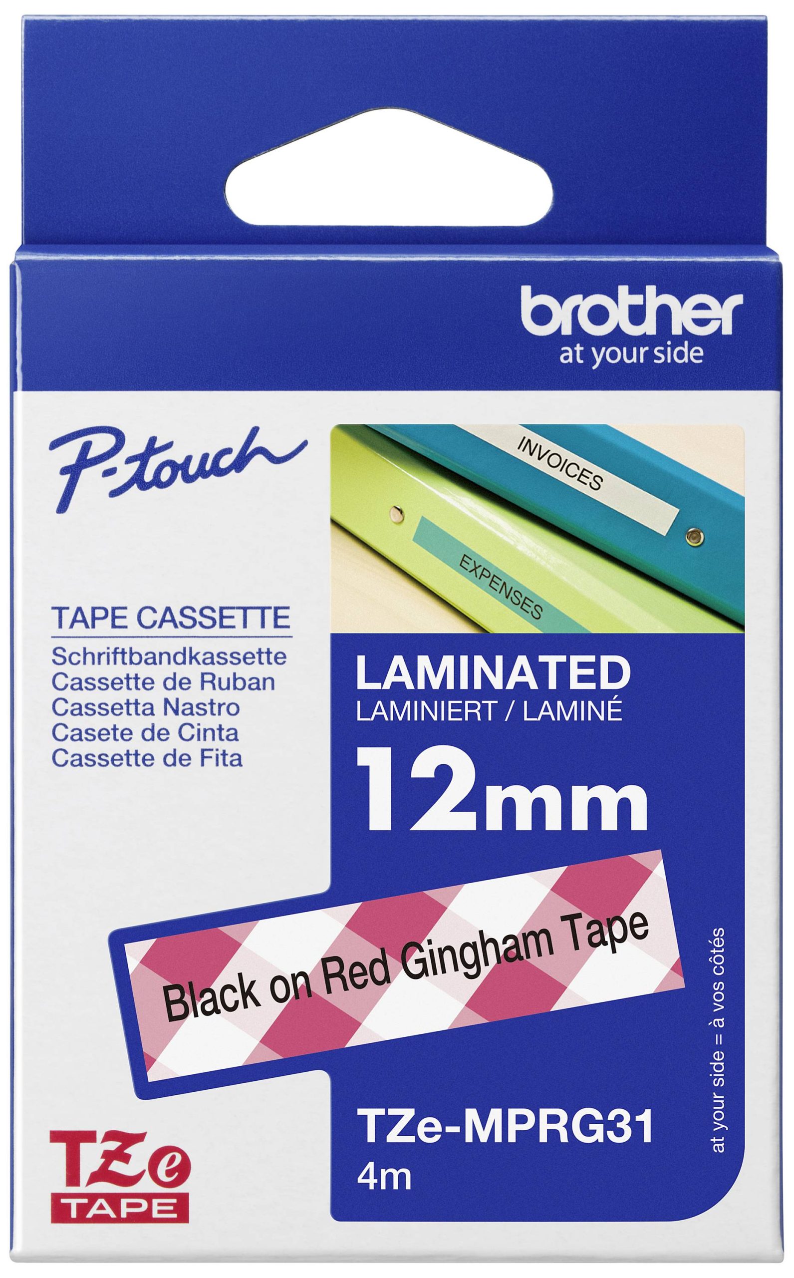 Etiketten Brother TZe, TZ TZe-MPRG31 Tapekleur: Wit (met rood ruitmotief) Tekstkleur:Zwart 12 mm 4 m