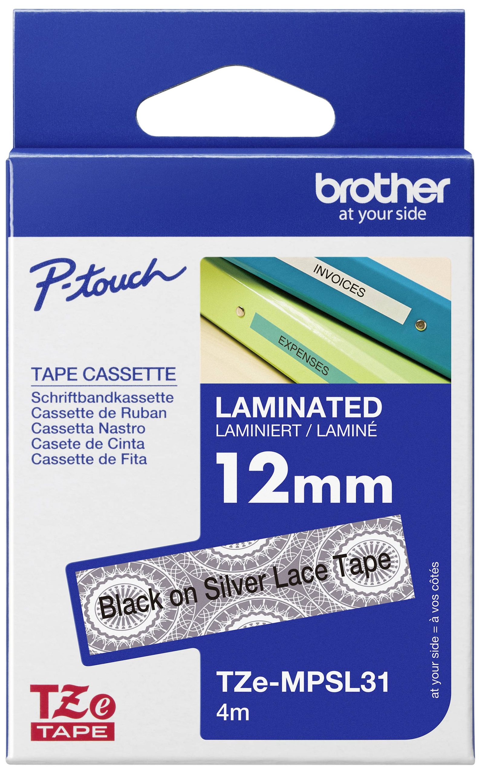 Etiketten Brother TZe, TZ TZe-MPSL31 Tapekleur: Wit (met zilveren motief) Tekstkleur:Zwart 12 mm 4 m