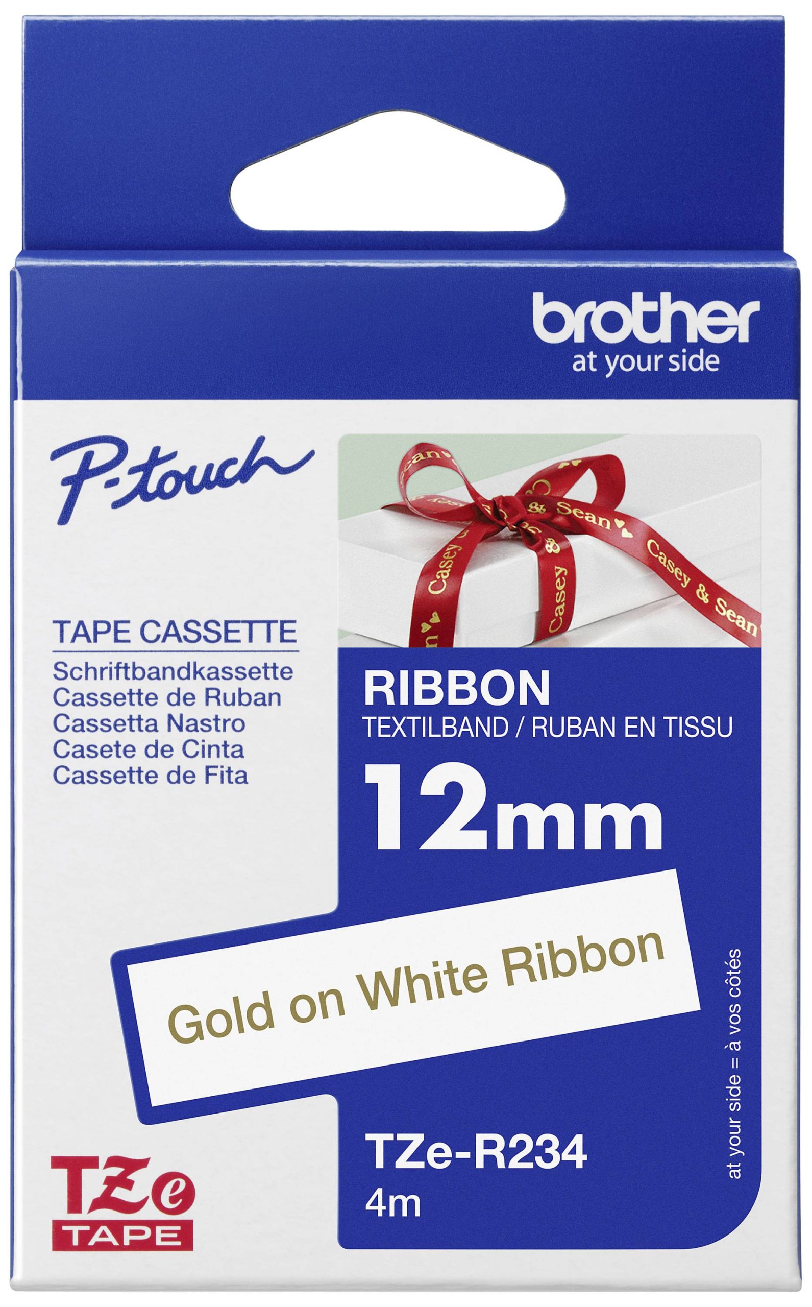 Etiketten Brother TZe, TZ TZe-R234 Tapekleur: Wit Tekstkleur:Goud 12 mm 4 m
