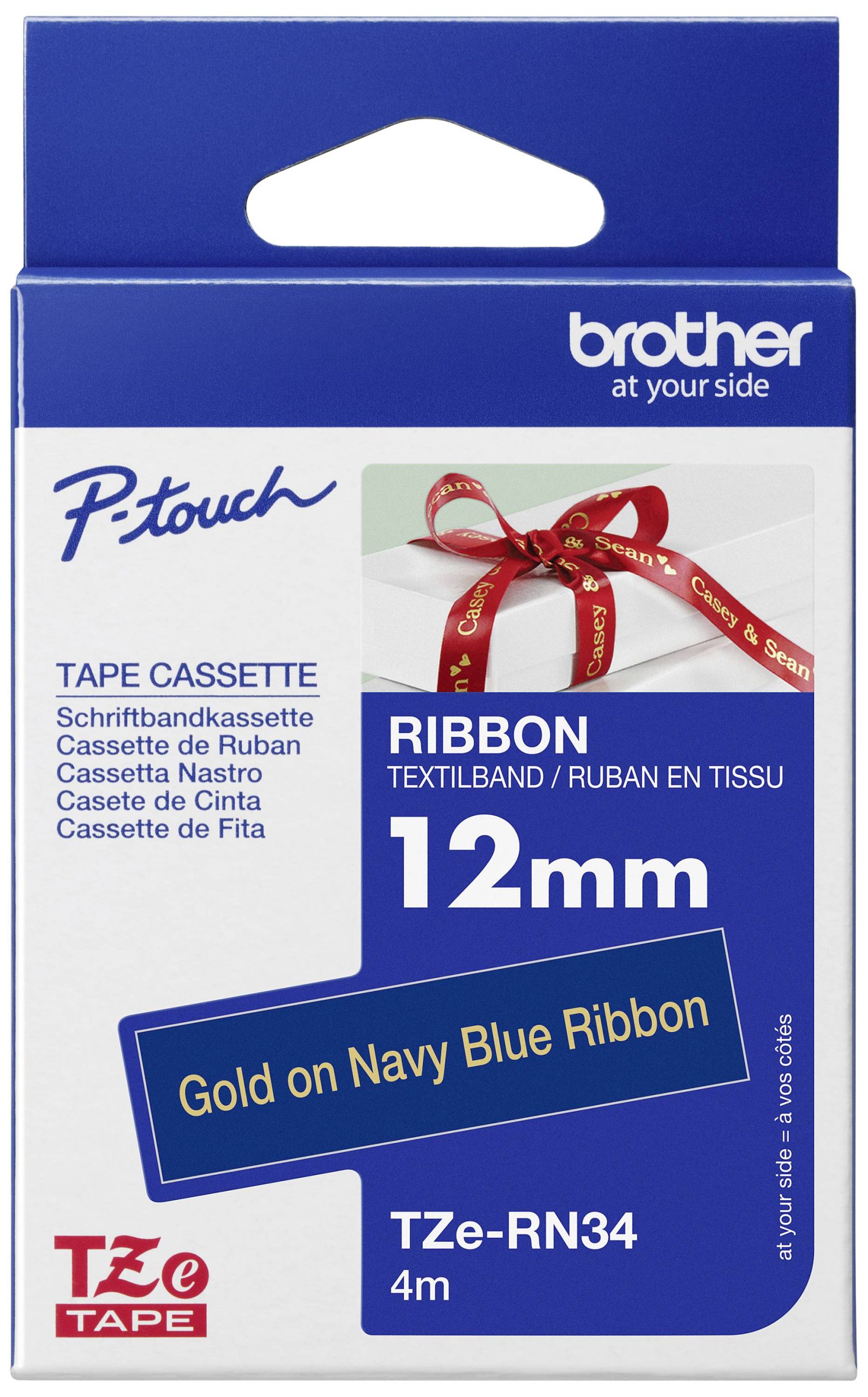 Etiketten Brother TZe, TZ TZe-RN34 Tapekleur: Marine-blauw Tekstkleur:Goud 12 mm 4 m
