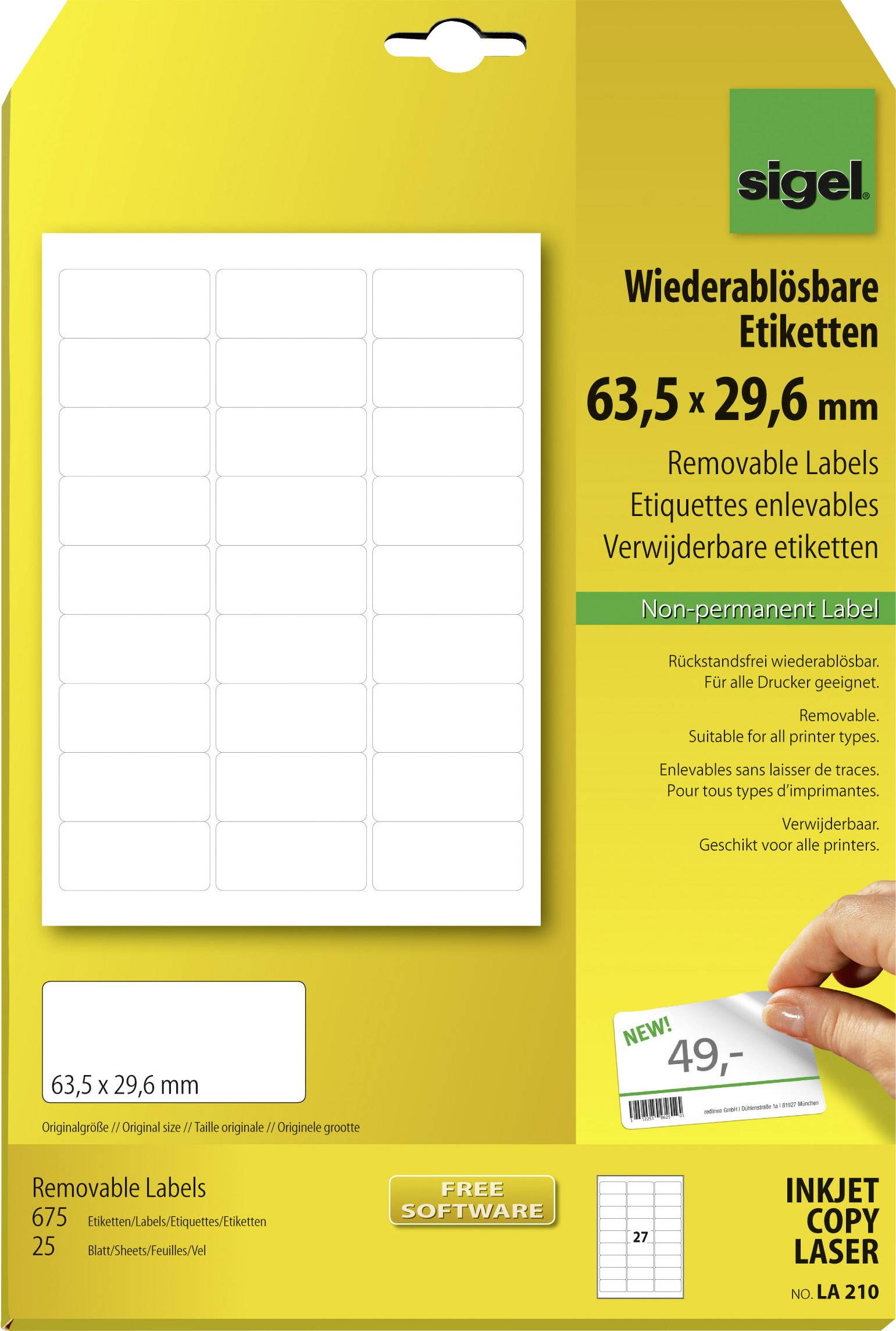 Sigel LA210 Universele etiketten 63.5 x 29.6 mm Papier Wit 675 stuk(s) Weer verwijderbaar Inkjet, Laser (zwart/wit), Las