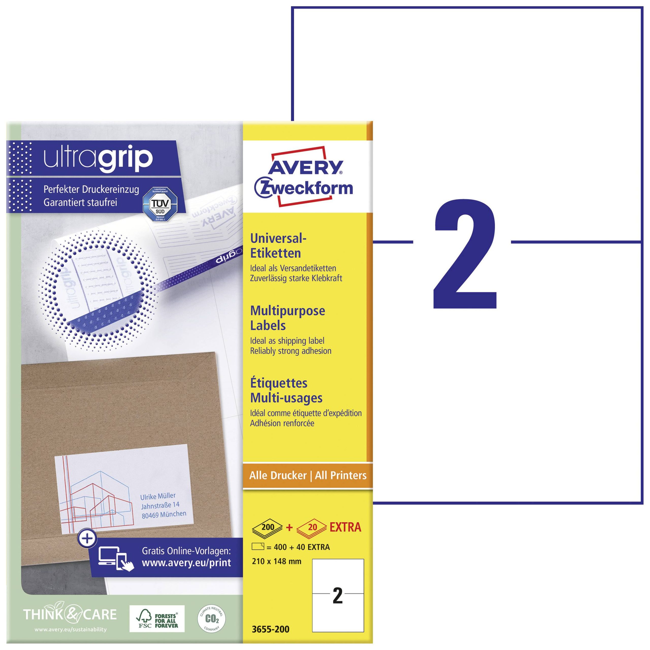 Avery-Zweckform 3655-200 Universele etiketten 210 x 148 mm Papier Wit 440 stuk(s) Permanent hechtend Inkjet, Laser (zwar