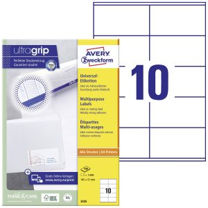 Avery-Zweckform 3425 Universele etiketten 105 x 57 mm Papier Wit 1000 stuk(s) Permanent hechtend Inkjet, Laser (zwart/wi