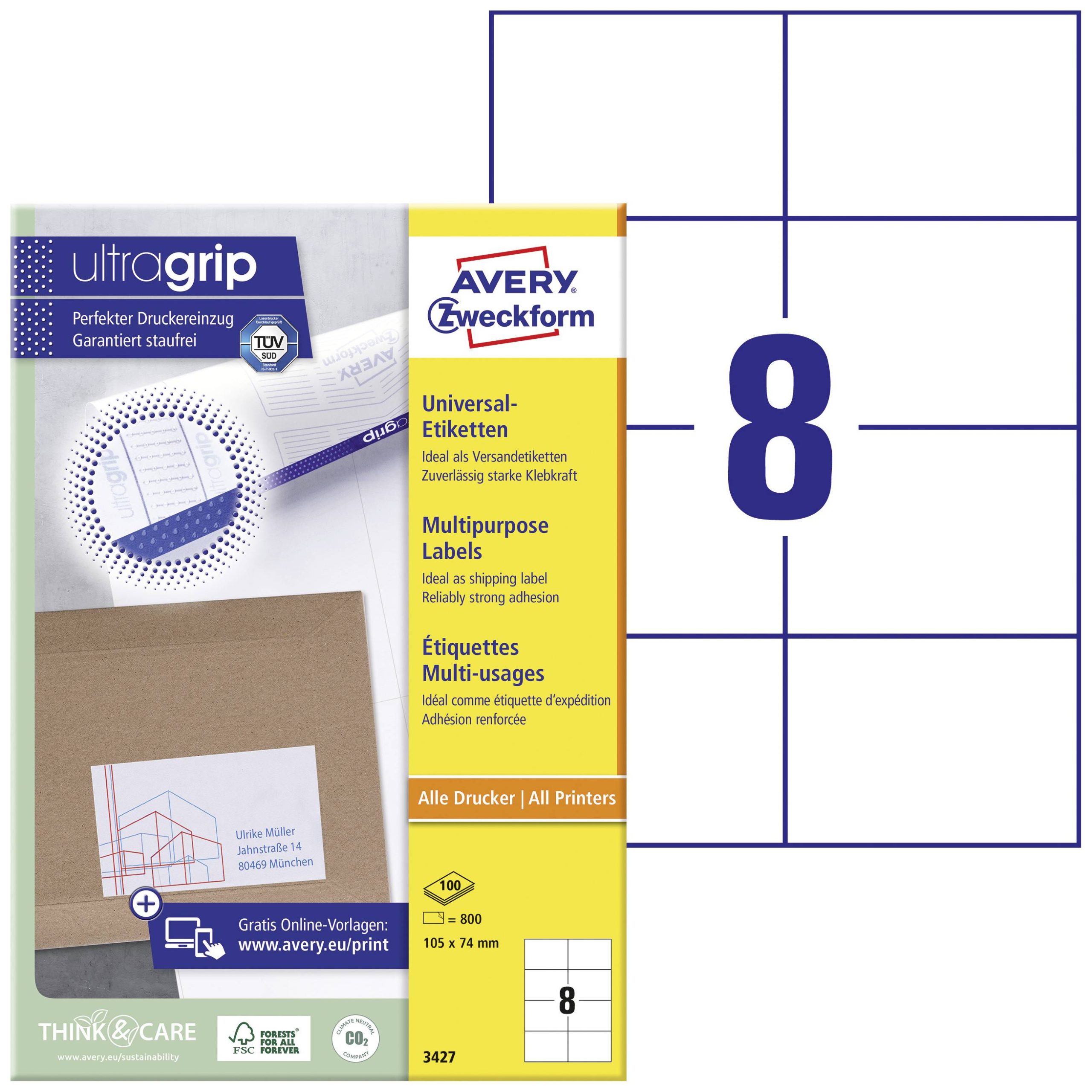 Avery-Zweckform 3427 Universele etiketten 105 x 74 mm Papier Wit 800 stuk(s) Permanent hechtend Inkjet, Laser (zwart/wit