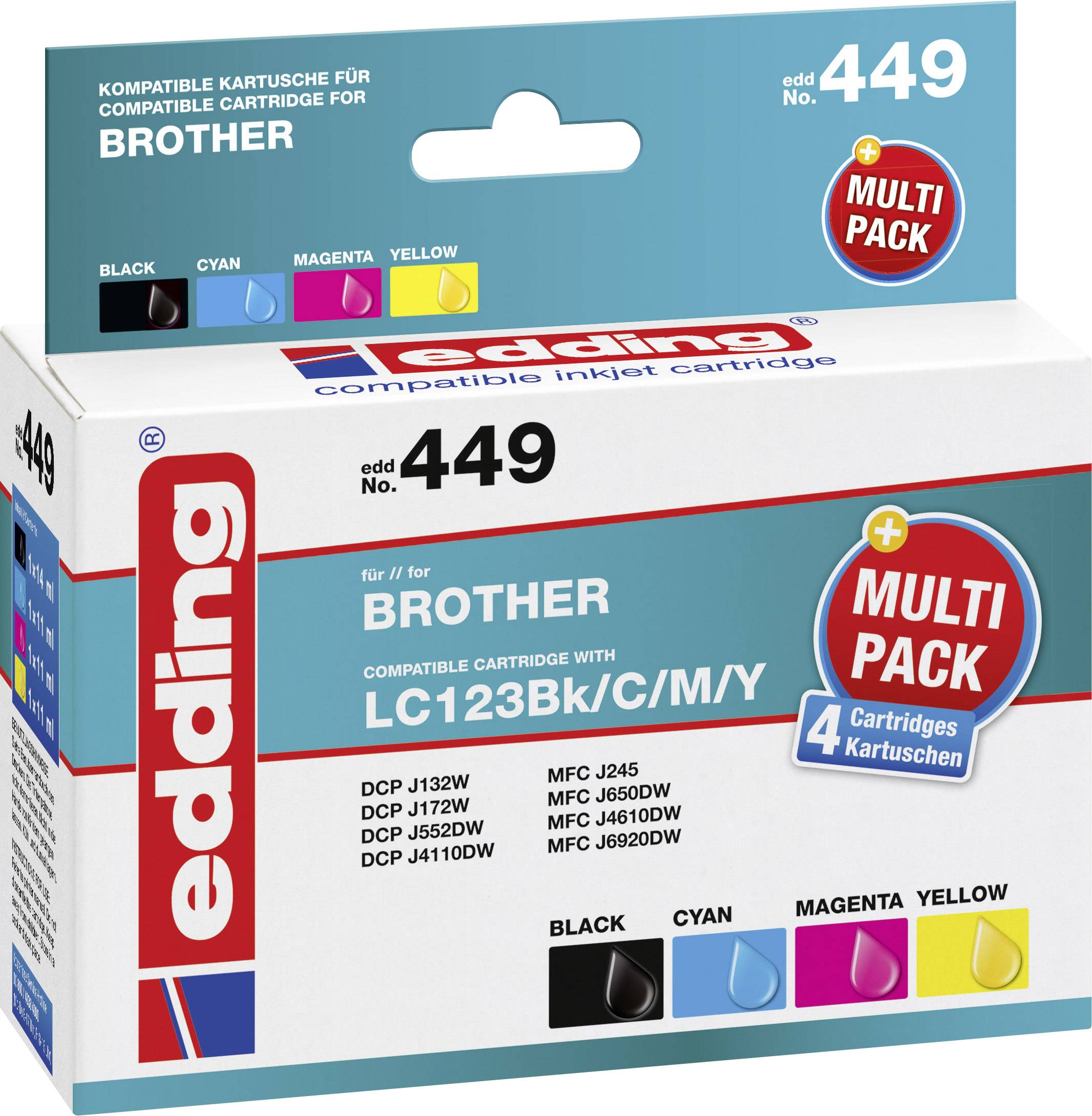 Edding Inktcartridge vervangt Brother LC-123 Compatibel Combipack Zwart, Cyaan, Magenta, Geel edding 449 EDD-449