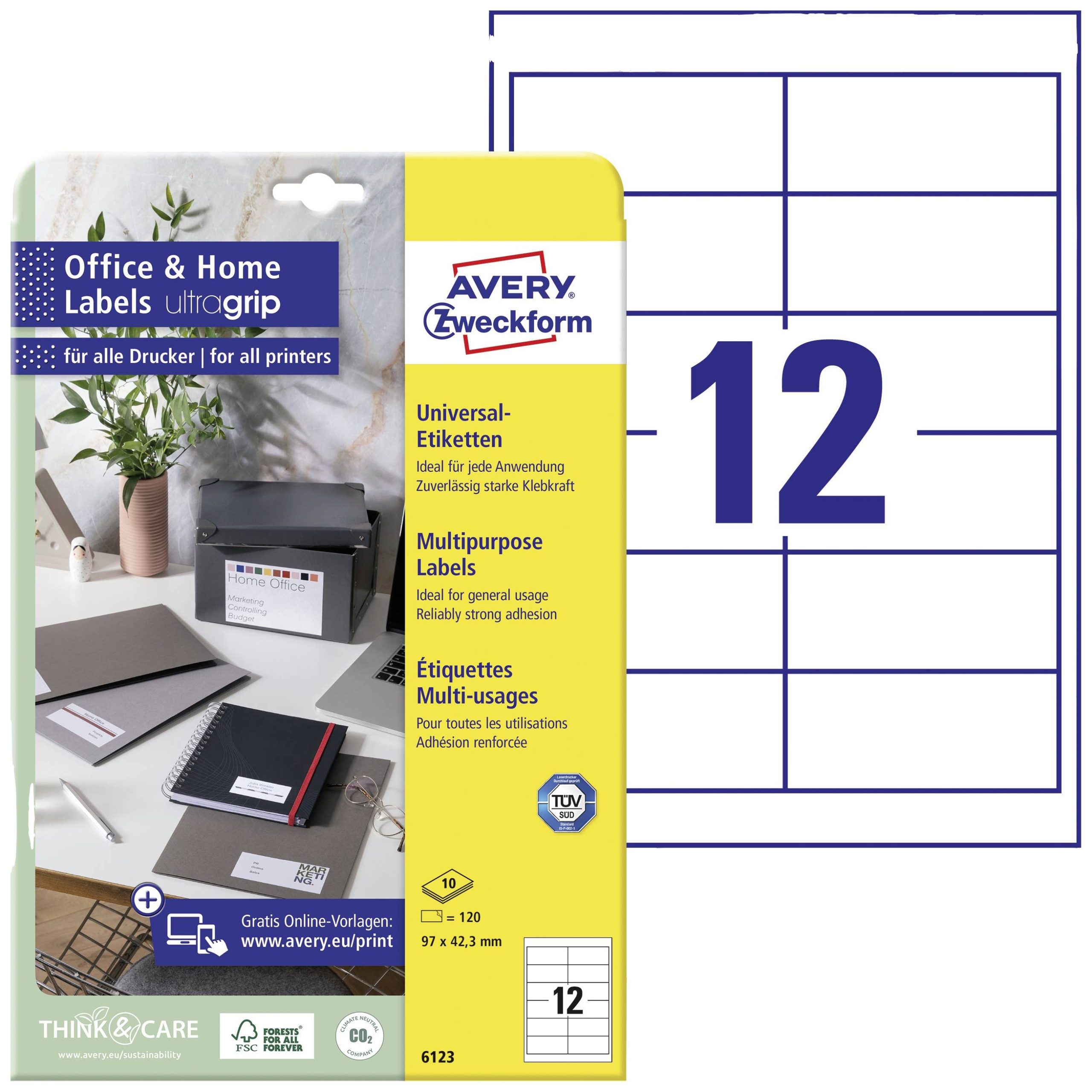 Avery-Zweckform 6123 Universele etiketten 97.3 x 42.3 mm Papier Wit 120 stuk(s) Permanent hechtend Inkjet, Laser (zwart/