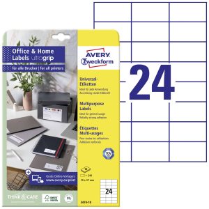 Avery-Zweckform 3474-10 Universele etiketten 70 x 37 mm Papier Wit 240 stuk(s) Permanent hechtend Inkjet, Laser (zwart/w