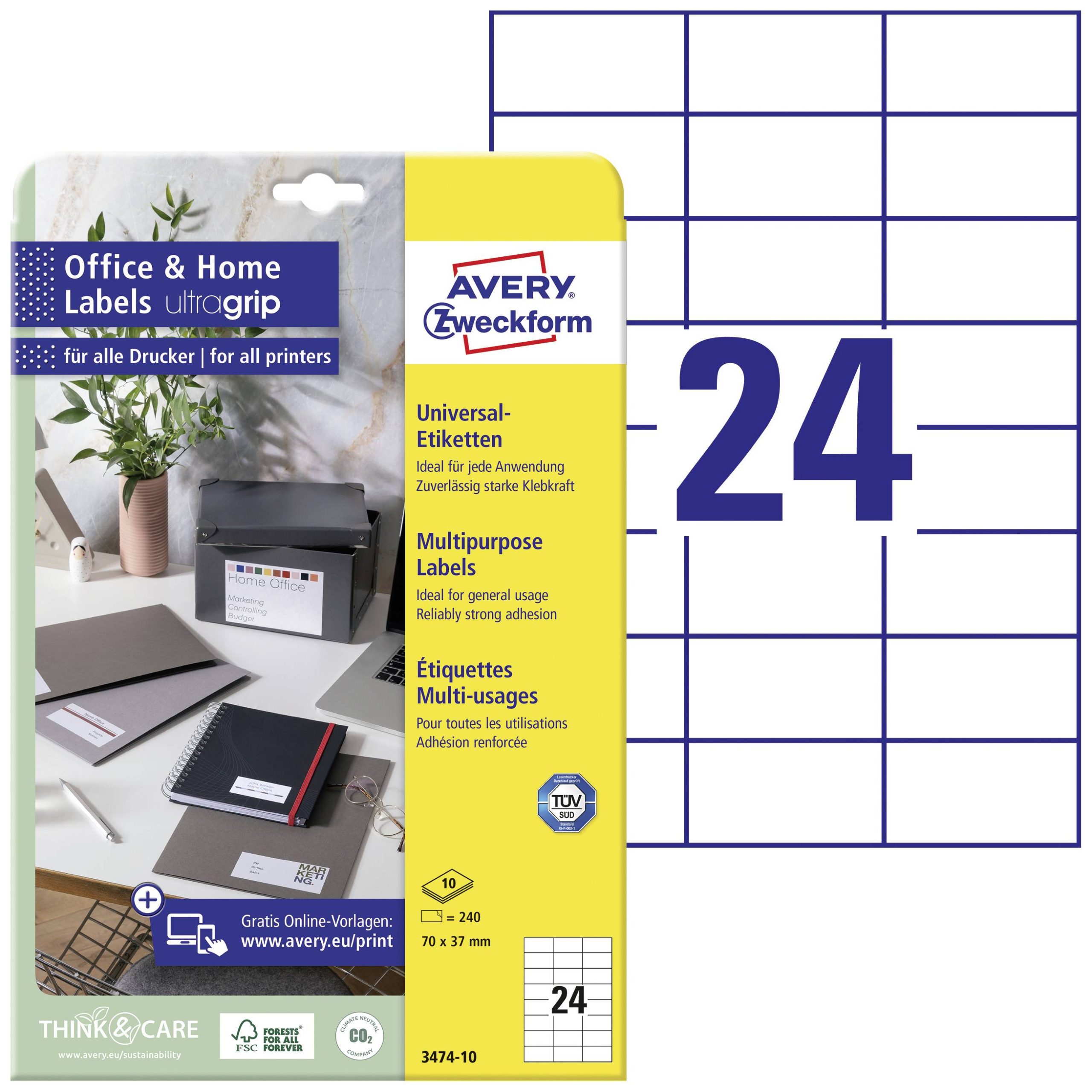 Avery-Zweckform 3474-10 Universele etiketten 70 x 37 mm Papier Wit 240 stuk(s) Permanent hechtend Inkjet, Laser (zwart/w
