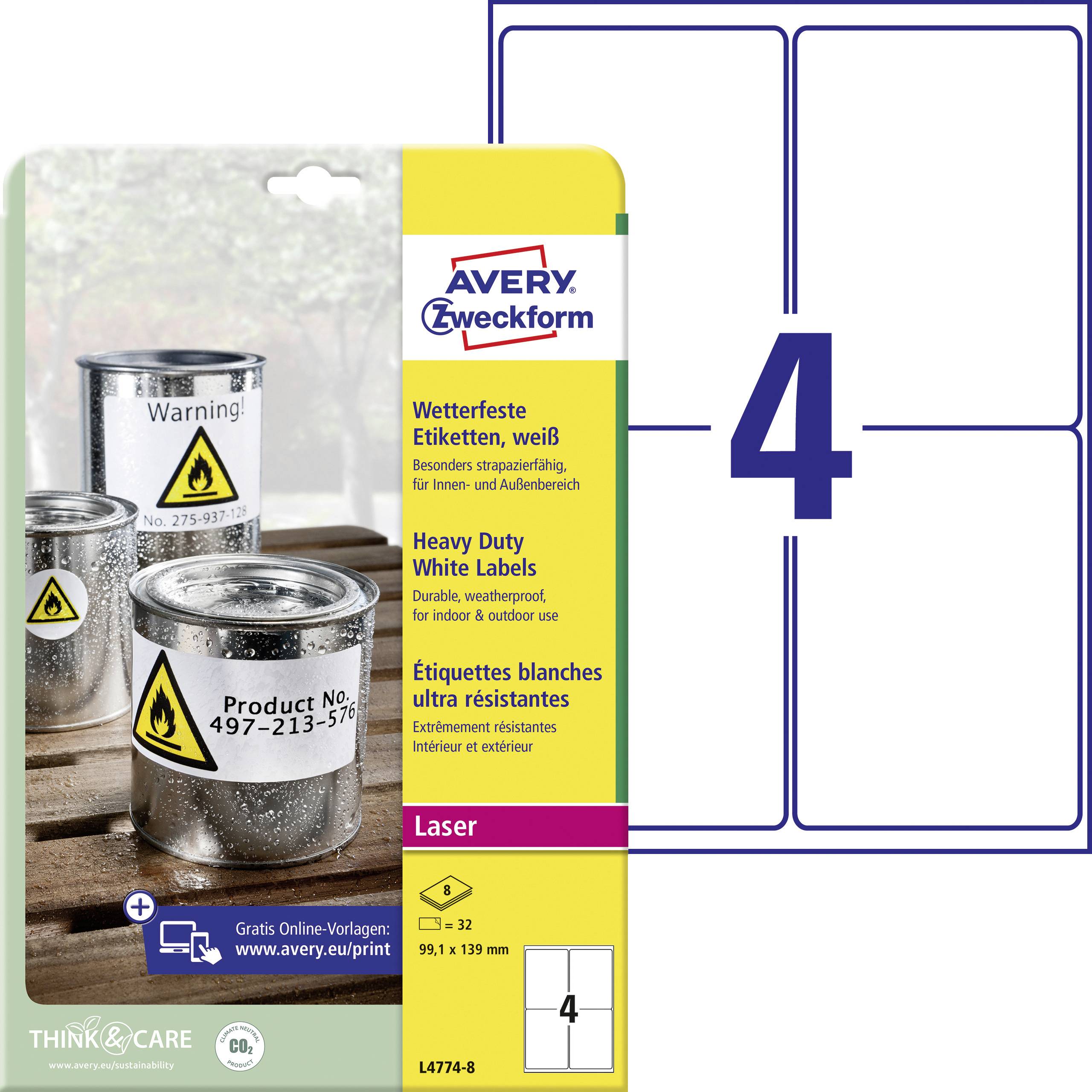 Avery-Zweckform L4774-8 Folie-etiketten 99.1 x 139 mm Polyester folie Wit 32 stuk(s) Permanent hechtend Laser (kleur), L