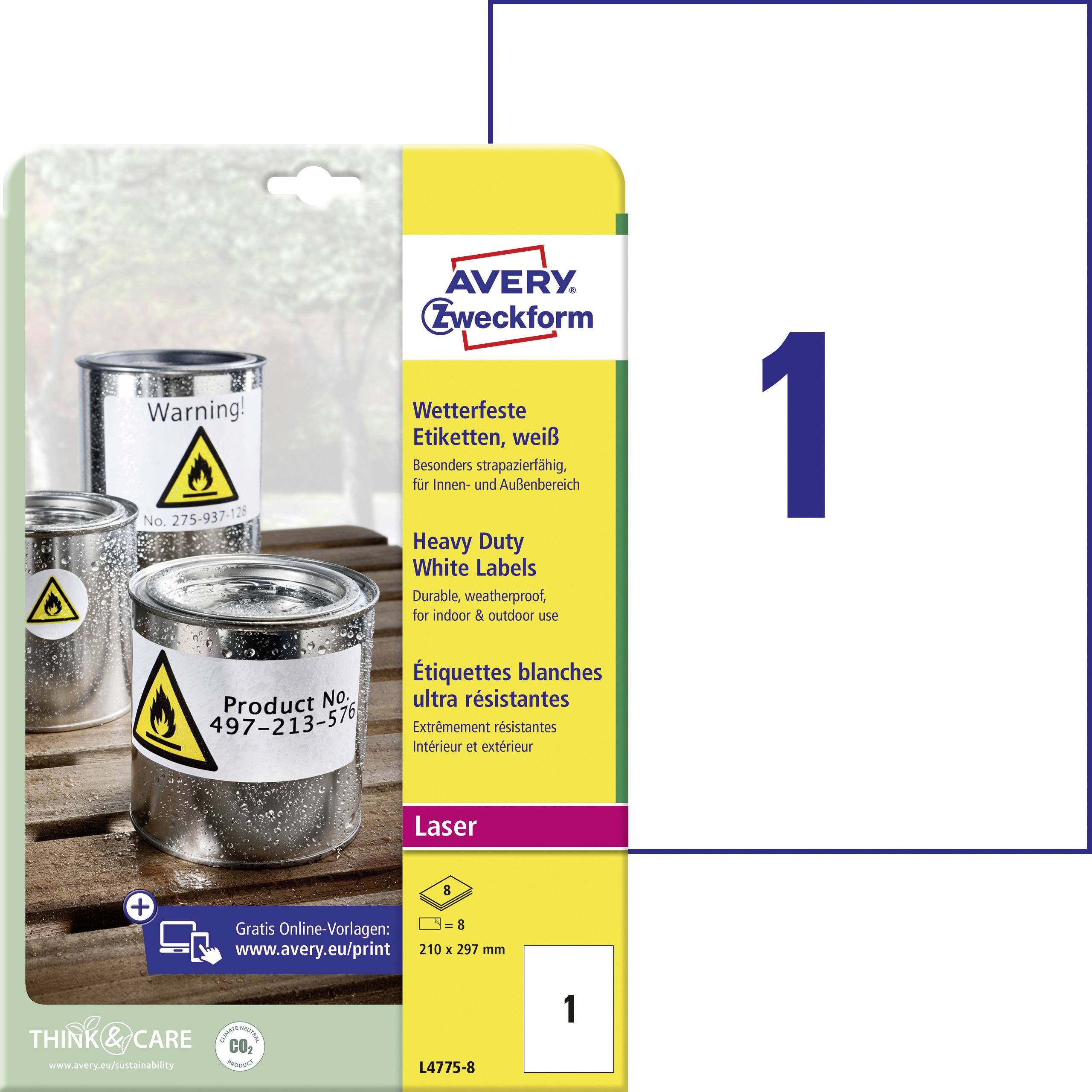 Avery-Zweckform L4775-8 Folie-etiketten 210 x 297 mm Polyester folie Wit 8 stuk(s) Permanent hechtend Laser (kleur), Las