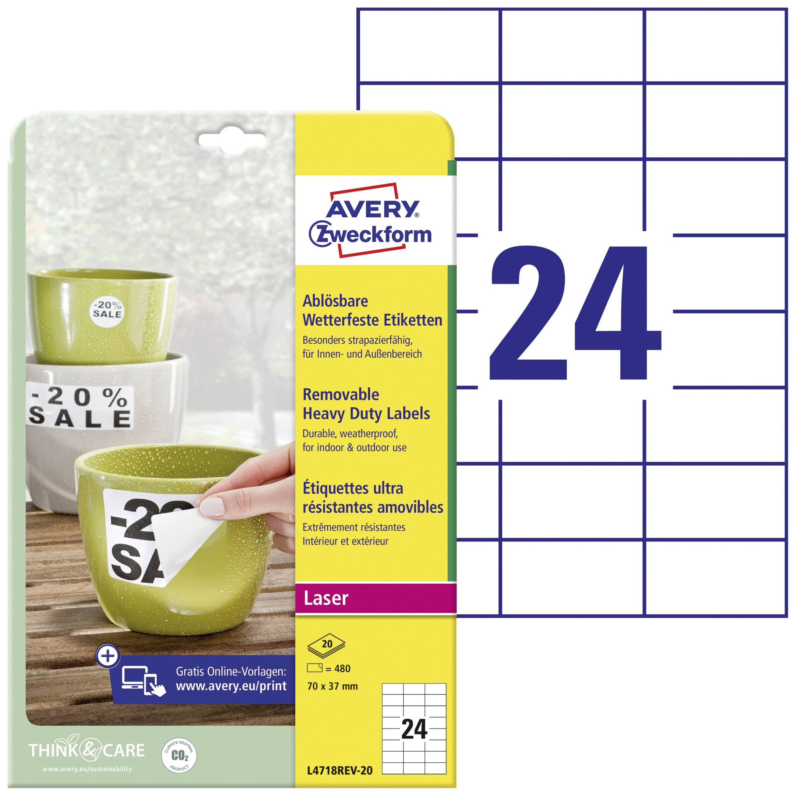 Avery-Zweckform L4718REV-20 Folie-etiketten 70 x 37 mm Polyester folie Wit 480 stuk(s) Weer verwijderbaar Laser (kleur),