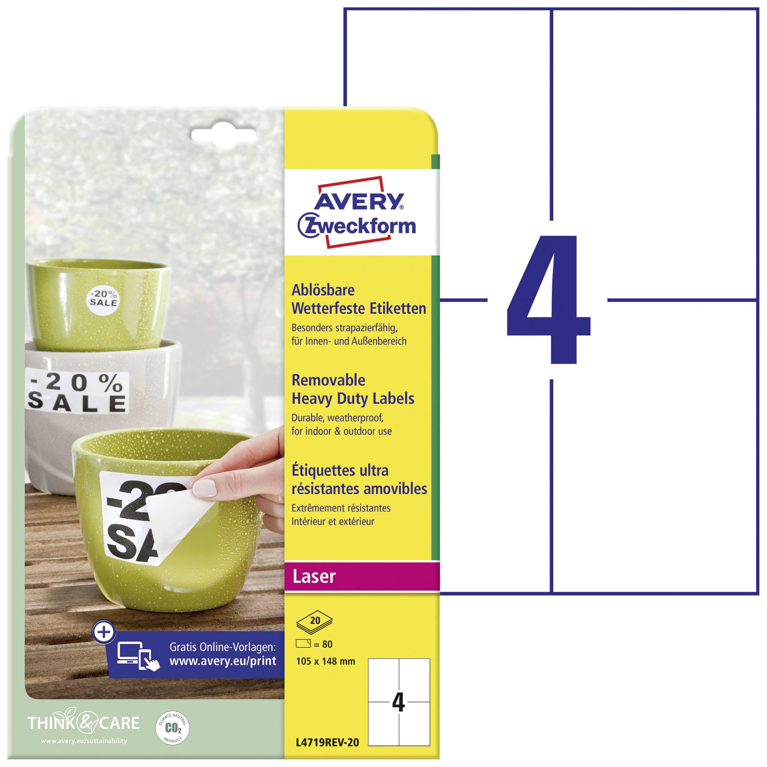 Avery-Zweckform L4719REV-20 Folie-etiketten 105 x 148 mm Polyester folie Wit 80 stuk(s) Weer verwijderbaar Laser (kleur)